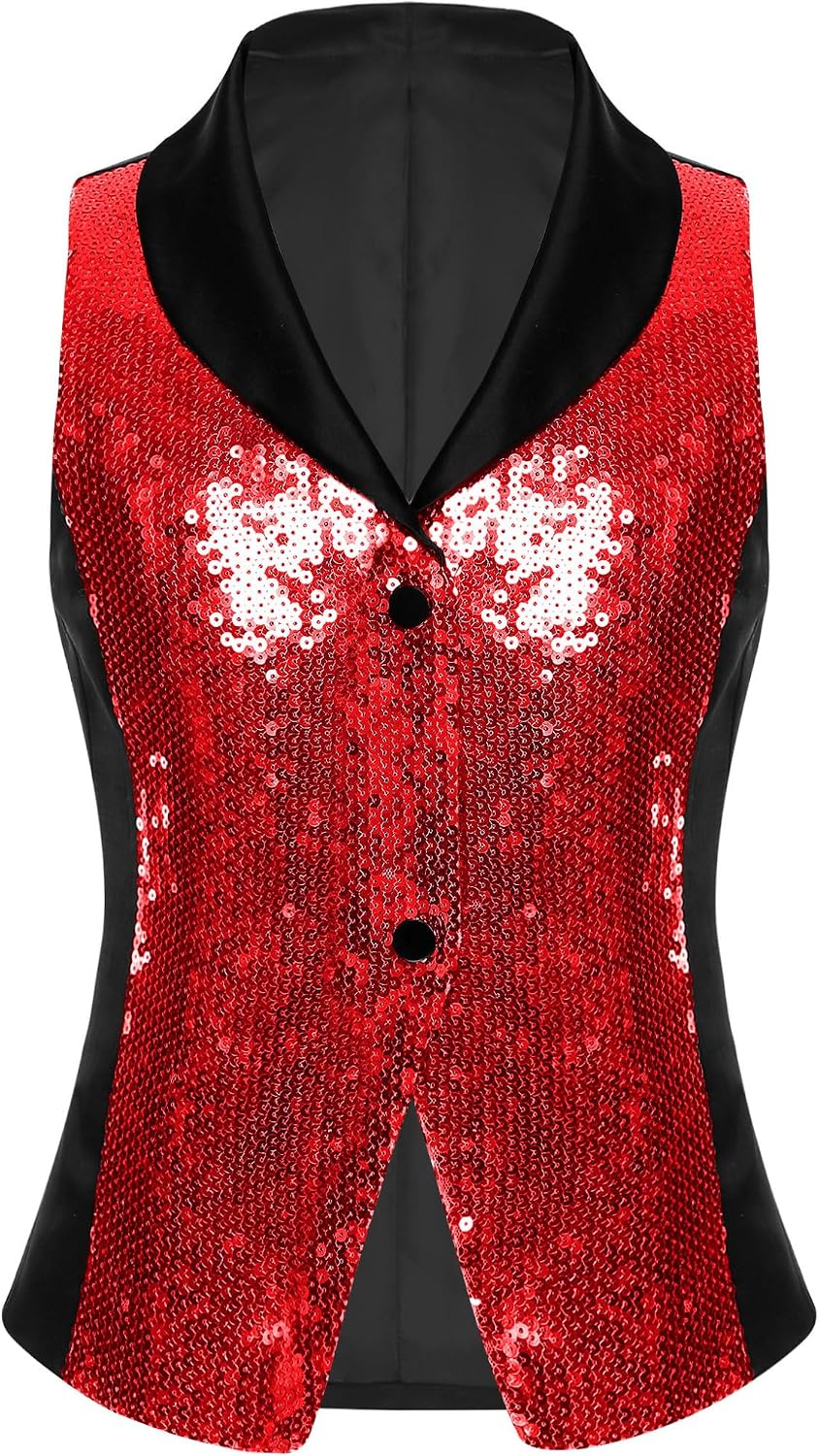 Hularka Girls Glitter Sequin Vest Top Sparkly Dance Party Kids Lapel Sleeveless Button Jacket Waistcoat