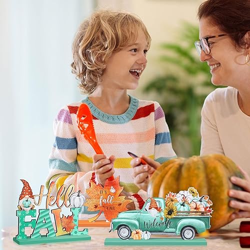 Miniatura 6 de Soaoo 6 piezas de decoración de mesa de otoño de madera para Acción de Gracias, gnomos de calabaza, camión, espantapájaros, centros de mesa para