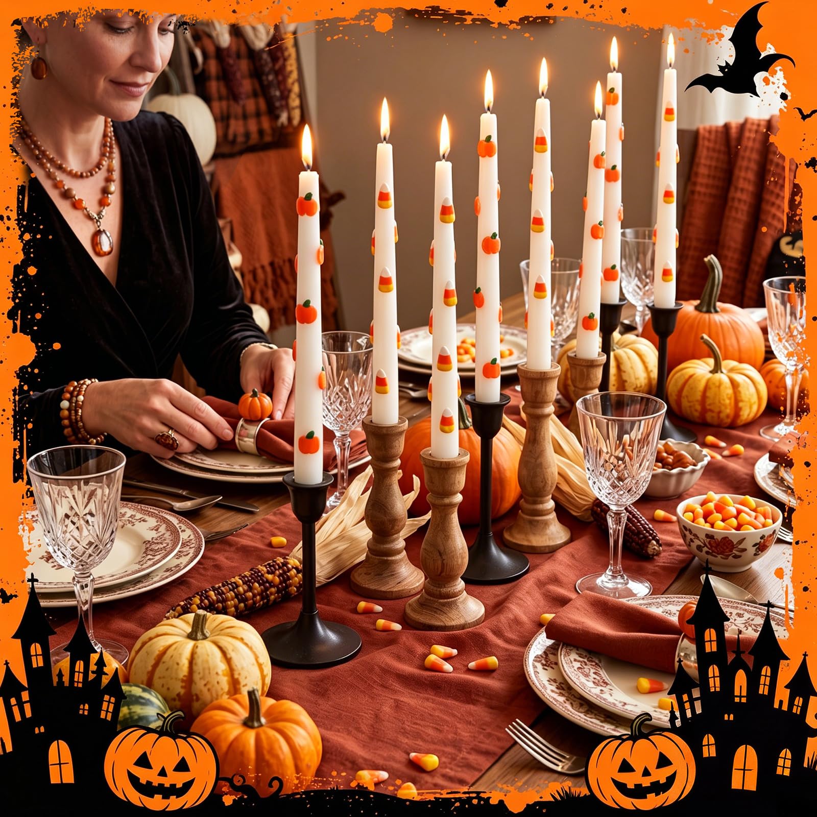 Lyrow Paquete de 8 velas con icono de Halloween espeluznantes velas perfumadas de caramelo de calabaza para decoraciones de Halloween, suministros de fiesta, decoración del hogar, regalos (caramelo de