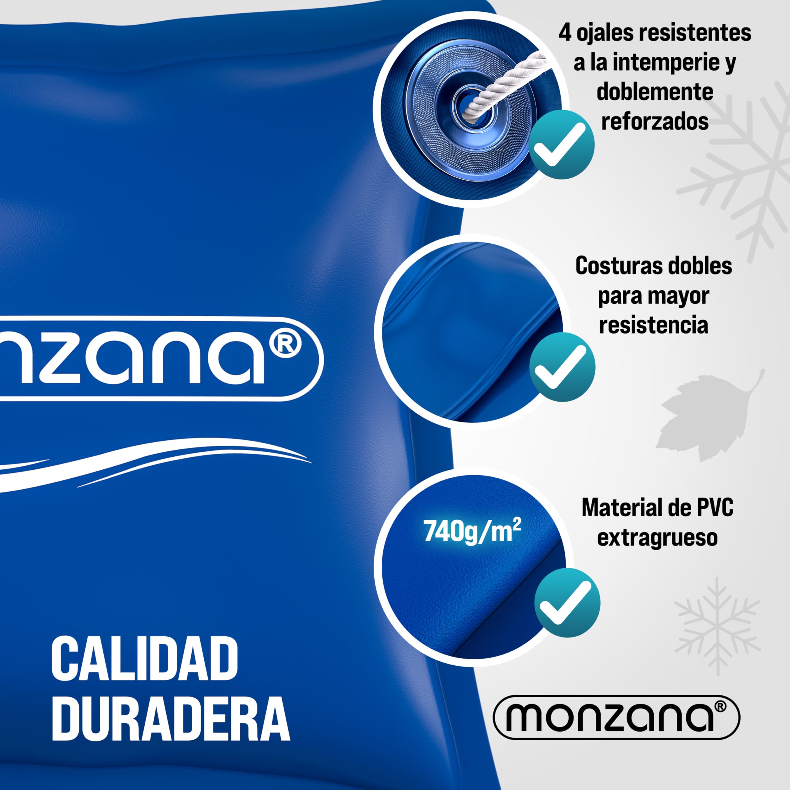 MONZANA® Cojín Piscina Invierno XL 120x120cm Cojín Aire PVC Accesorio Protector Resistente Cloro Válvula Seguridad Kit Reparación Set a Elegir | Estable, Duradero, Resistente al hielo, Cloro, rayos UV, Incluye Accesorios, 2 Kits de reparación, Válvula dob