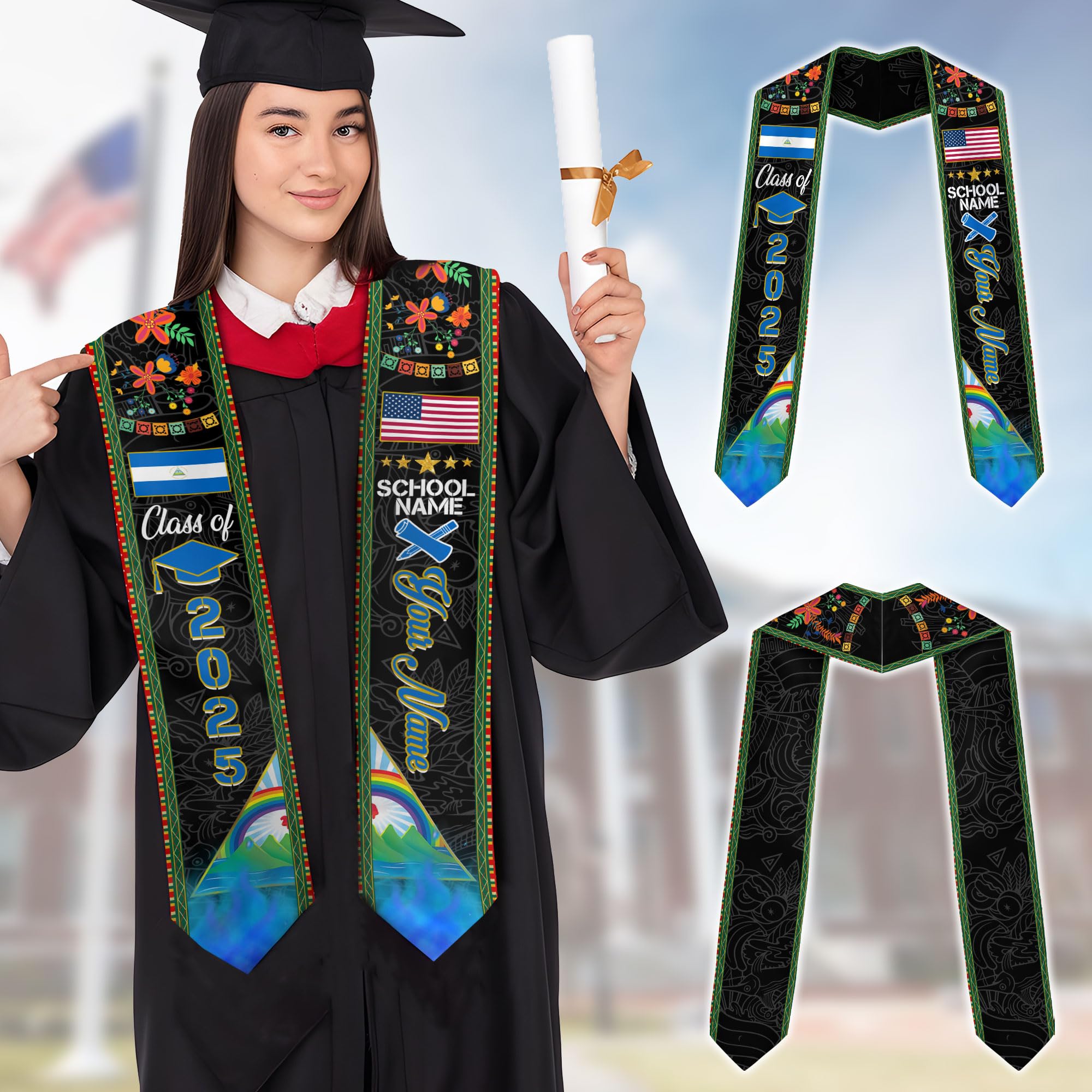 MonkeyVan Custom Nicaraguans Graduation Sash 2025, Nicaragua Graduation Stole, Nicaraguans American Flag Graduation Sash 2025 Ncrg 12