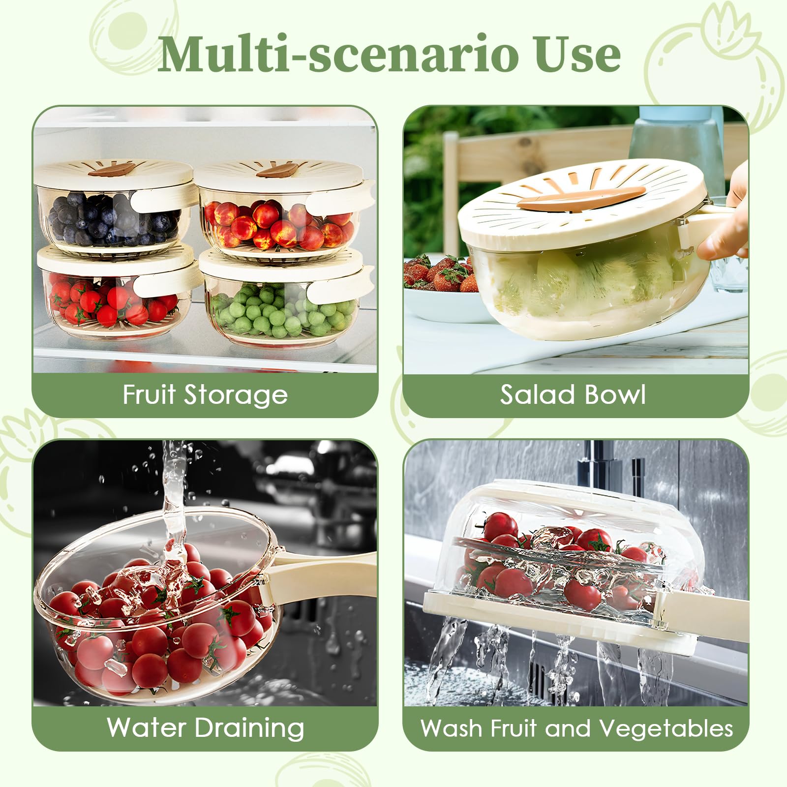 Drain Basket Keeper Container Practical Fruit Colander Foldable Handle Food Storage Container Removable Basket for Strawberry, 2Pcs White