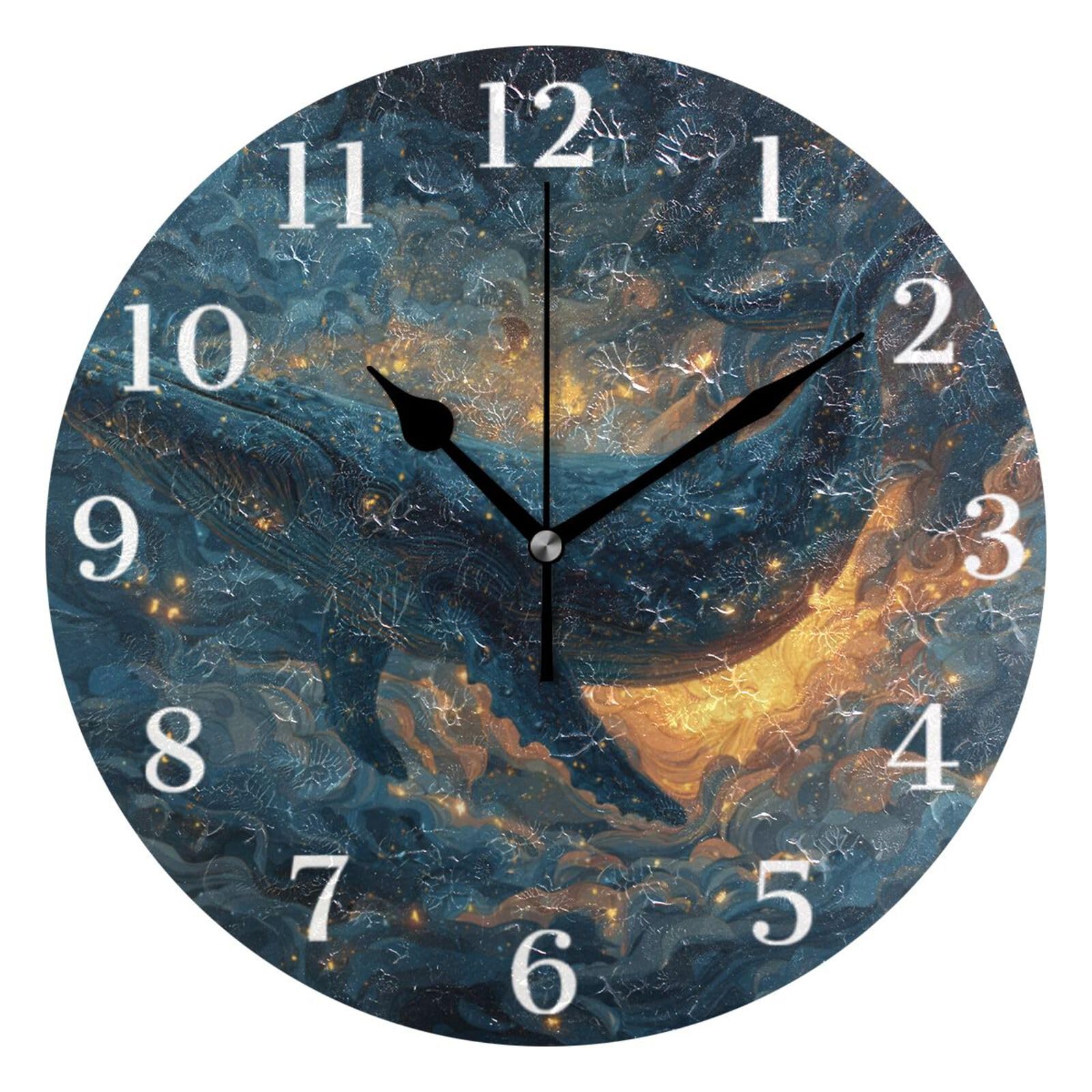 Ensound Blue Whale in Space Wall Clock Silent Non-Ticking Battery Operated Clocks 12 Inch for Kitchen Home Living Room