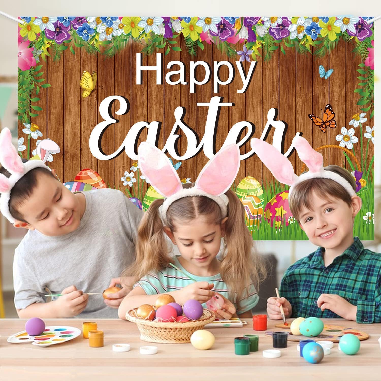 Large Happy Easter Backdrop 71"X43" Happy Easter Banner Happy Easter Decorations Indoor Outdoor Wall Background Party Supplies