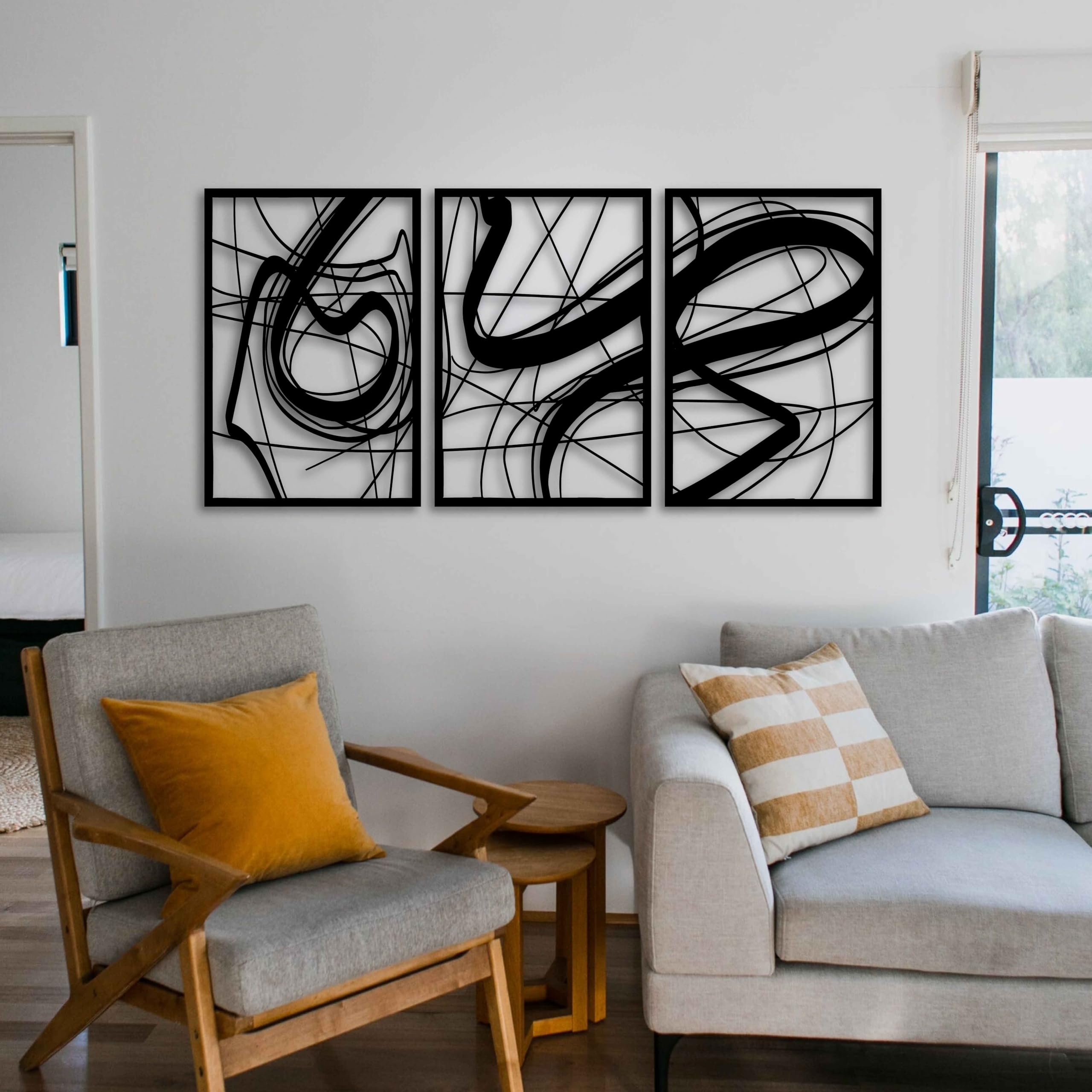Abstract Lines Metal Wall Art, Mid Century Metal Line Art, 3 Piece Metal Wall Decor, Contemporary Metal Wall Sculpture, Extra Large Wall Art, Modern Interior Decoration (Medium - 45.5 x 91 cm (H x W))