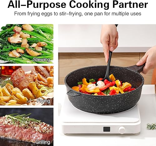 Miniatura 5 de Kordisen Sartén profunda antiadherente con tapa, sartén antiadherente de 10 pulgadas, sartén para saltear para cocinar, utensilios de cocina de