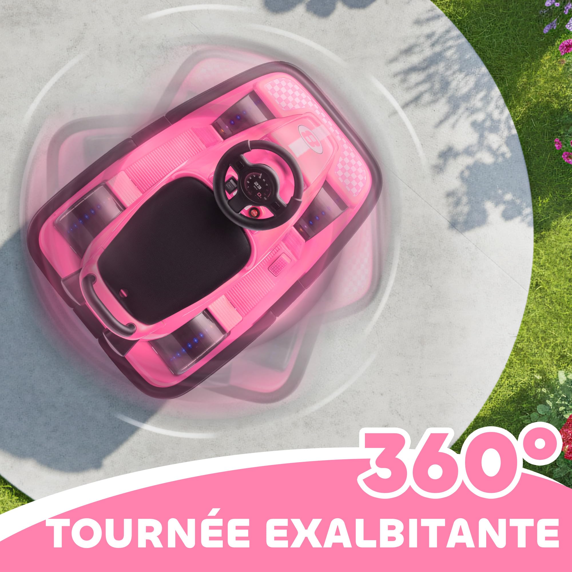 AIYAPLAY Auto-Tamponneuse Enfant 6V Rotation à 360° pour Âges 3-8 Rose | Double Moteur, Musique, Klaxon, Lumières LED, Démarrage Doux, 2,5 km/h, Voiture Tamponneuse Électrique Enfant