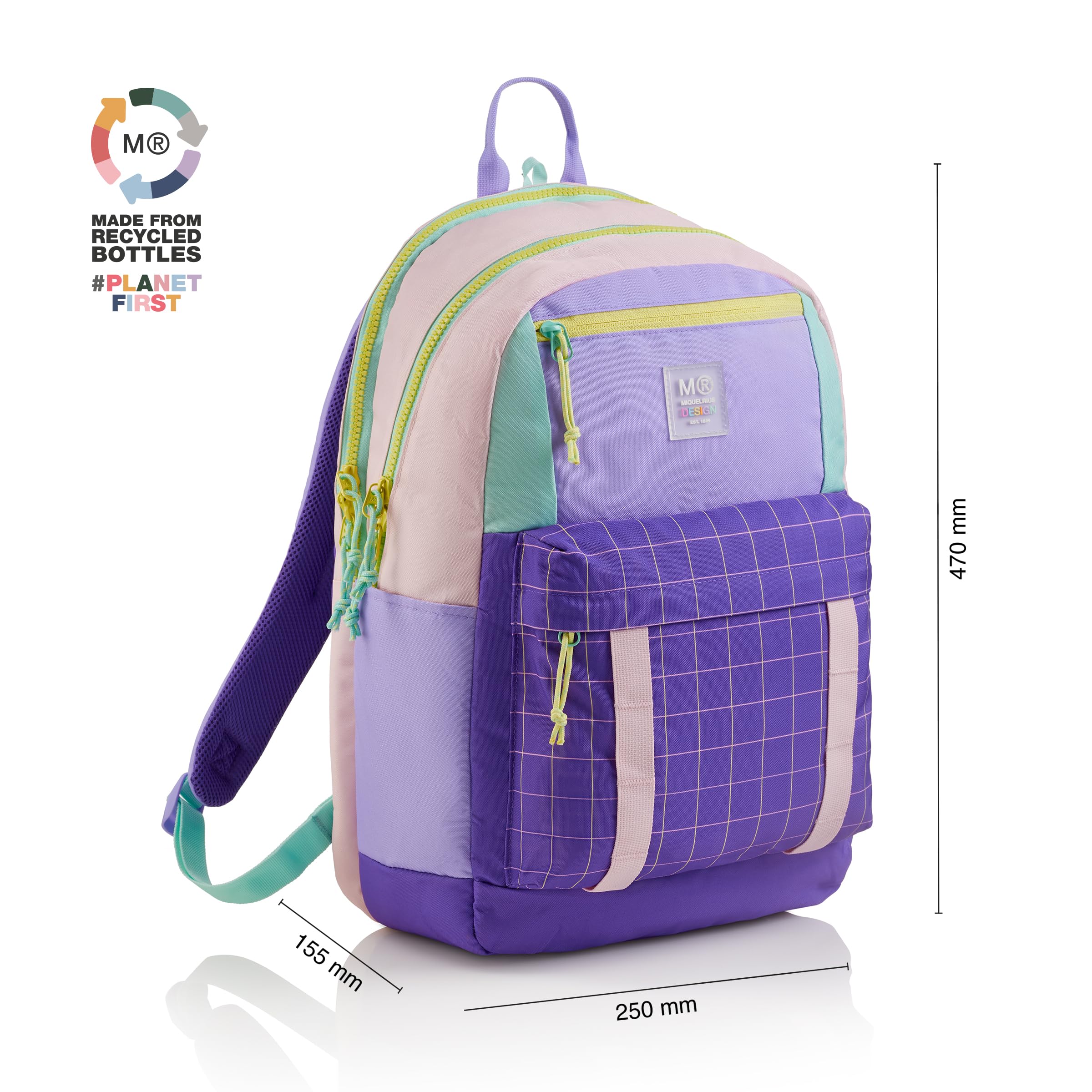 Miquelrius - Mochila escolar, Triple compartimento, Doble cremallera, Fabricada con botellas recicladas, Capacidad 28 litros, Espalda acolchada, Llavero interior, Repelente al agua, Rider Violeta