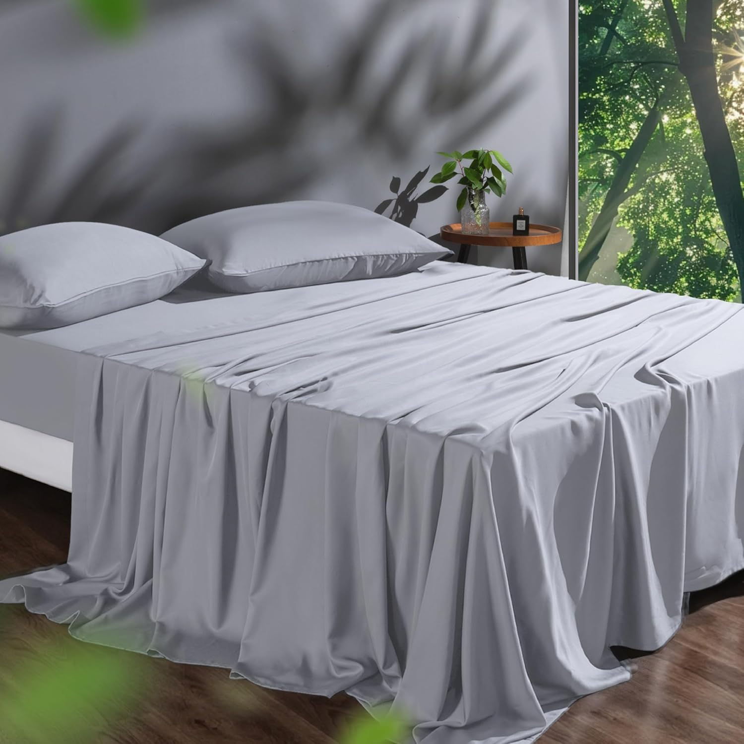 Tencel Sheet Set Queen Size, 100% Eucalyptus Lyocell, Breathable & Cooling Sheets, Deep Pocket Up to 16 Inch, Silky Soft, Ideal for Hot Sleepers - 4PC (Queen, Light Grey) - Thumbnail 4