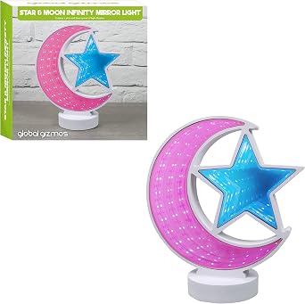 Global Gizmos Moon & Star Infinity Mirror Light, White, Pink & Blue