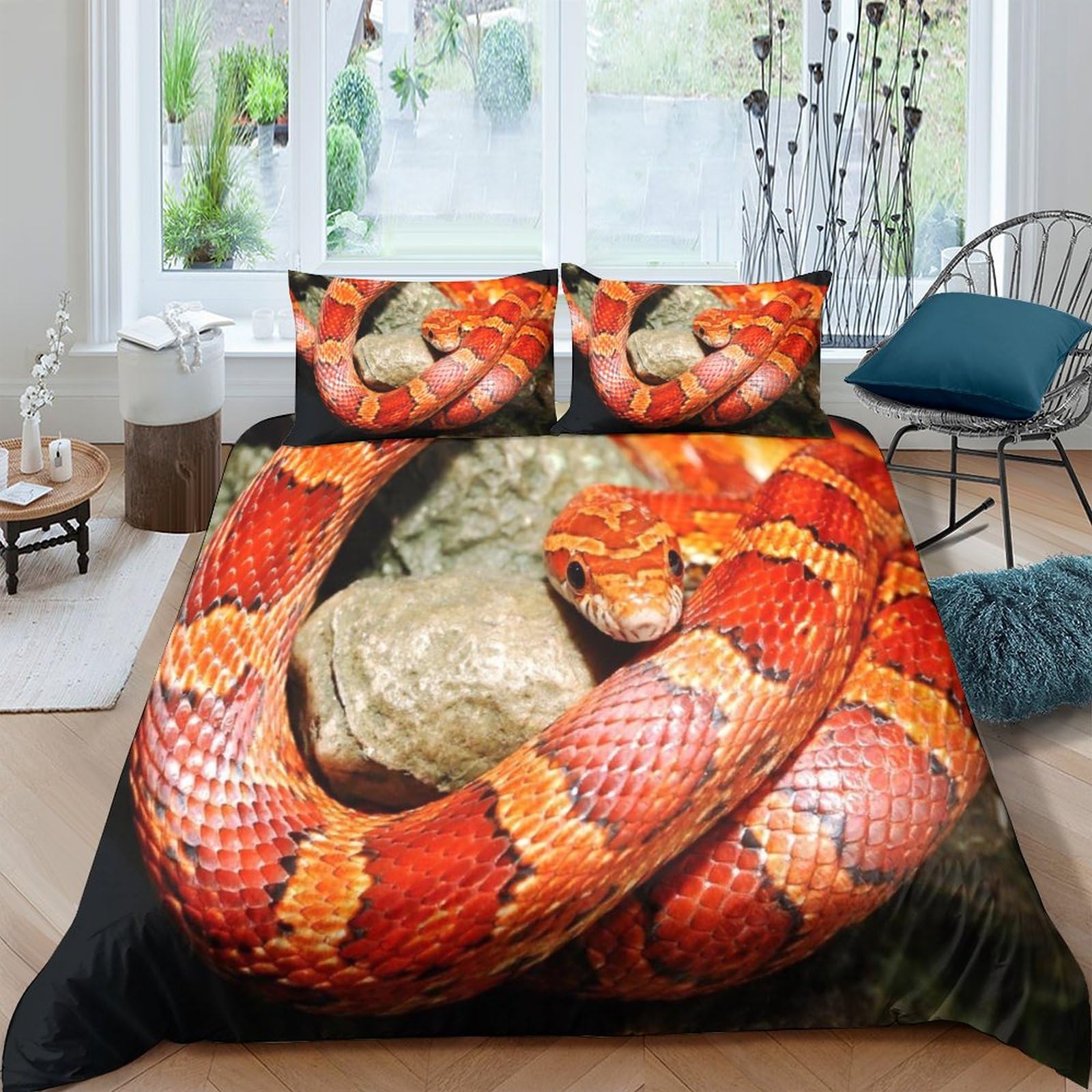Housse de couette serpent 3D microfibre zippée parure de lit 3 pièces King