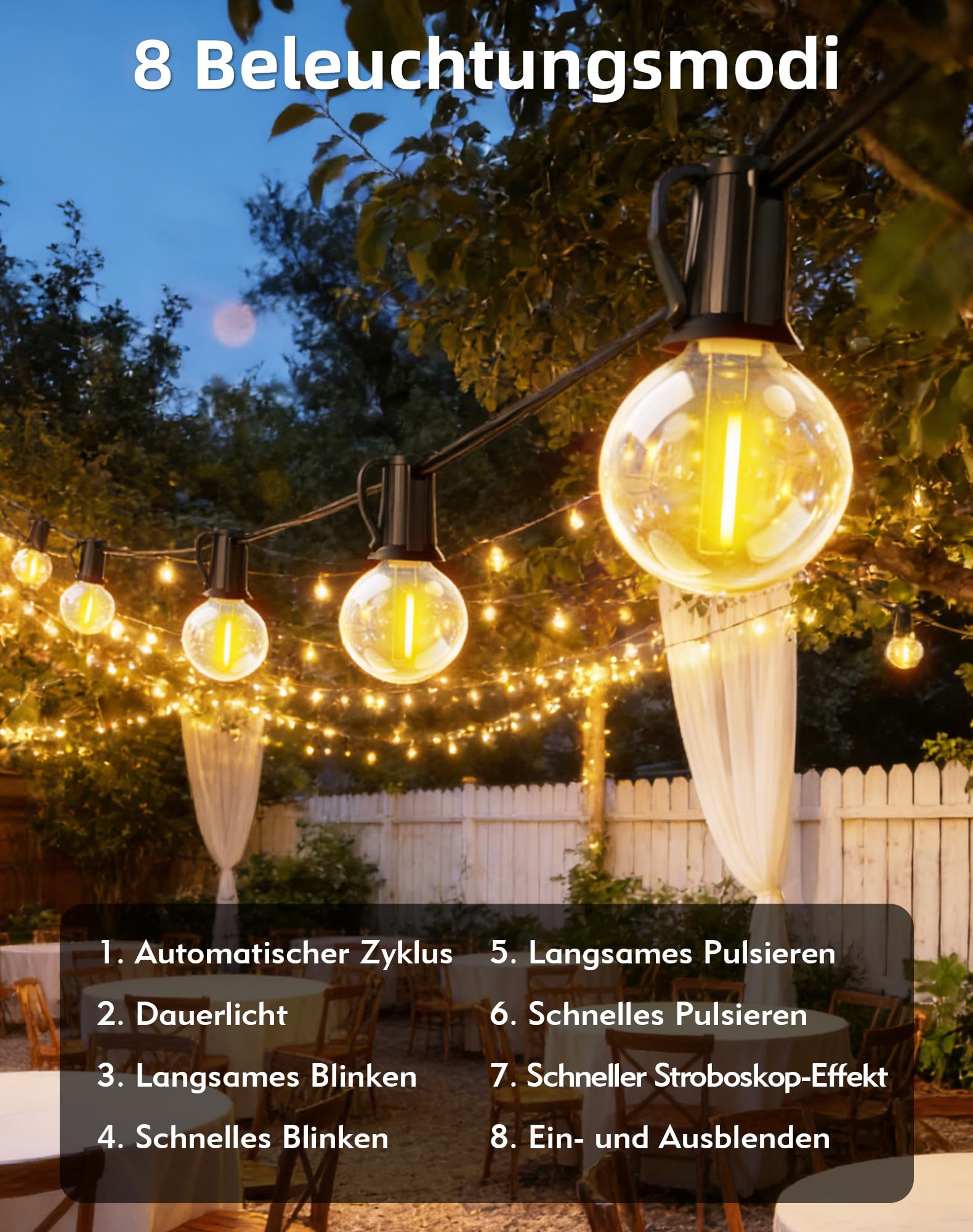 Lichterkette Außen Solar 18M 30+4 LED Glühbirnen Lichterkette Outdoor mit 3600mAh Akku, IP44 Wasserdicht, 8 Modi, Fernbedienung &Timer, Solarlichterkette für Garten, Balkon, Terrasse, Hochzeit