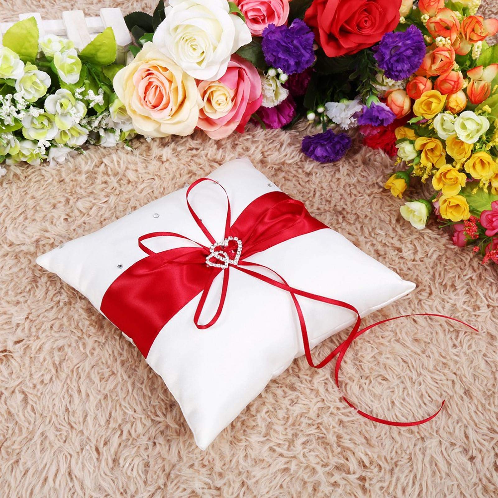 Cuscino per Fedi Nuziali, Cuscino per Fedi Matrimonio, 20 * 20cm Cuscino per Anello Nuziale con Fiocco in Raso con Diamanti a Doppio Cuore per Accessori per Matrimonio (Rosso)