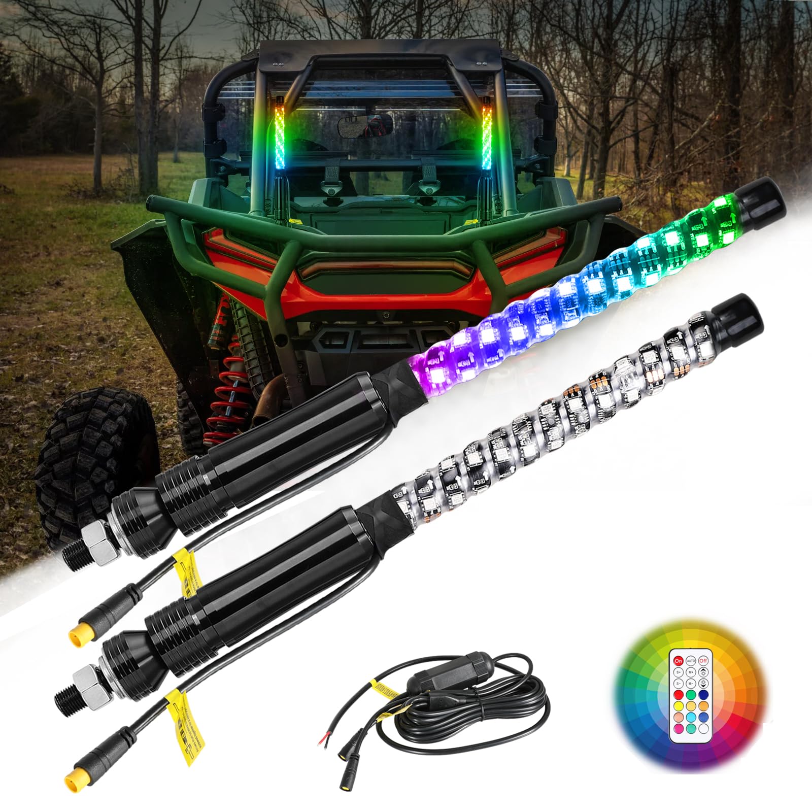 Nirider 2PCS 1ft LED Whip Lights with Flag Pole Remote Control Spiral RGB Chase Light Offroad Warning Lighted Antenna LED Whips for SXS, UTV, ATV, Off Road, Truck, Sand, Buggy Dune, RZR, Can-am, Boat
