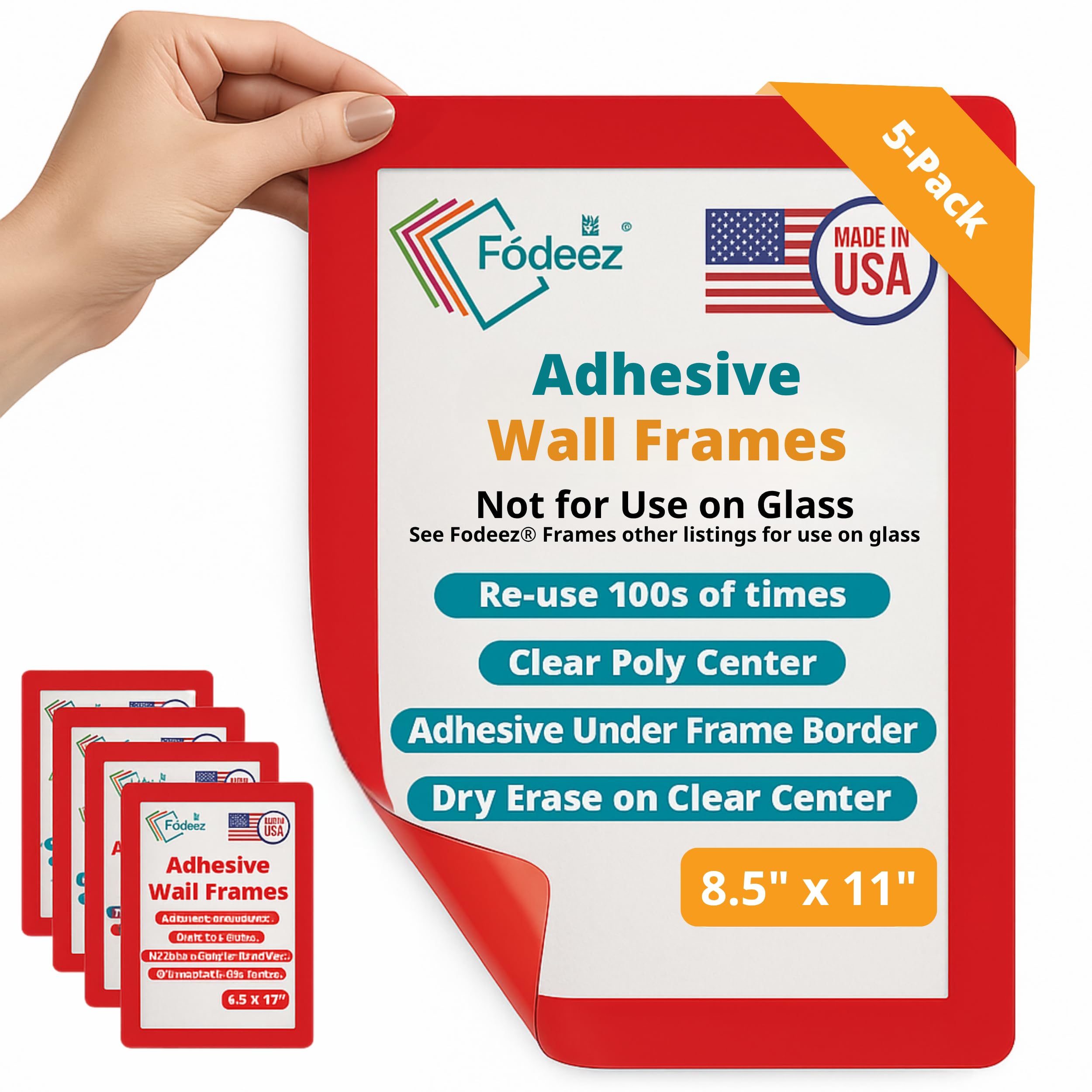 Fodeez 8.5 x 11 Adhesive Wall Frames - Peel & Stick Picture Frames, Wall Sign Holder, Paper Protector Sheets, Certificate Holders, Reusable Picture Frame, Dry Erase, Non Magnetic - Red, Pack of 5