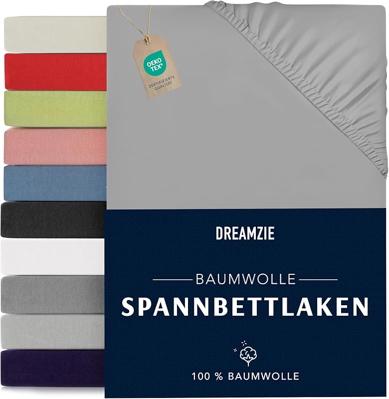 Dreamzie Elasztikus Pamut Lepedő - 80x190/200 cm Szürke Jersey Pamut Gumis Lepedő, Légáteresztő, Tartós, Oeko-Tex Minősített Ágynemű