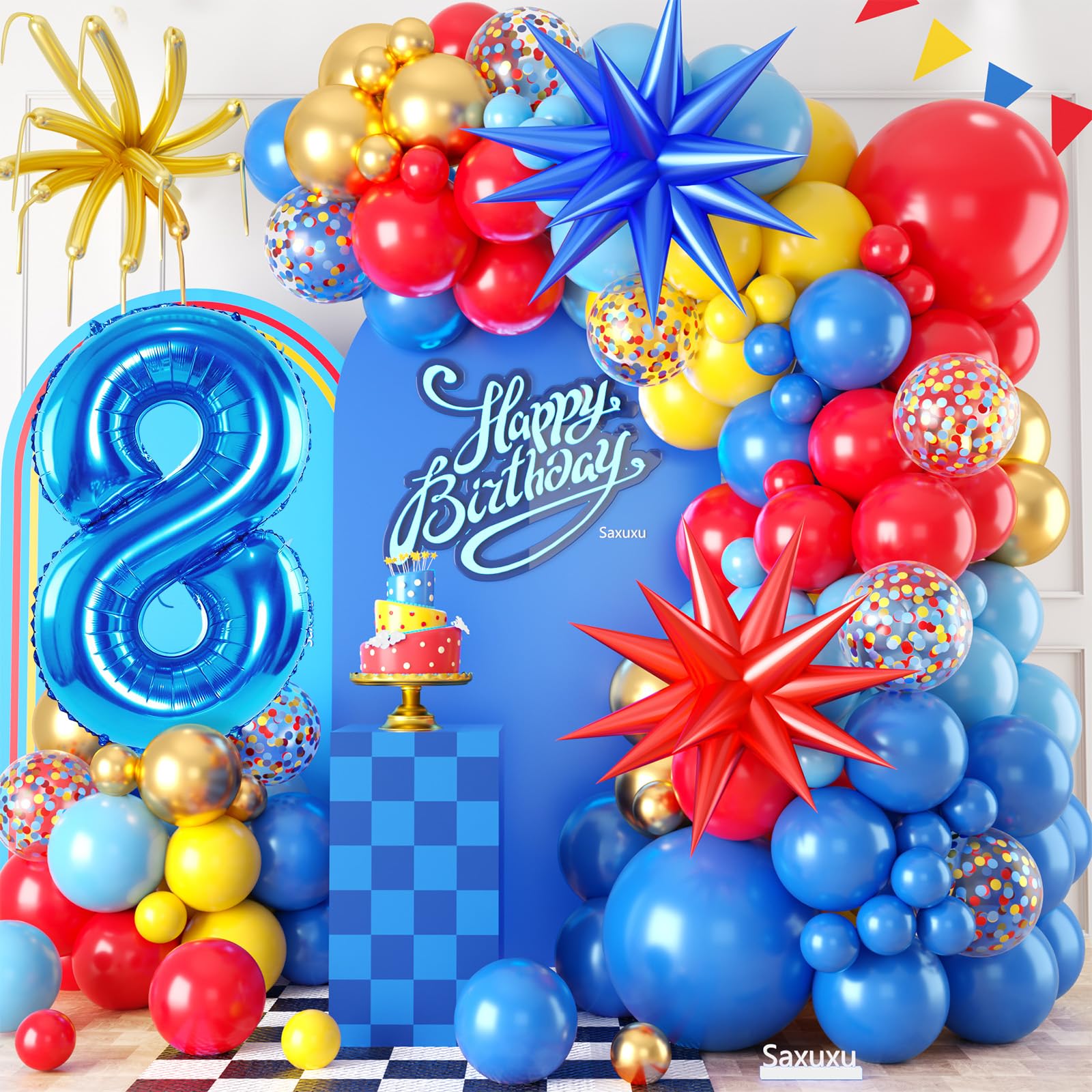 Red Yellow Blue Balloon Garland Arch Kit with Navy Blue 40 Inch Number 8 Balloon, 8th Birthday Decorations for Boy with Star Foil Balloons for 8 Year