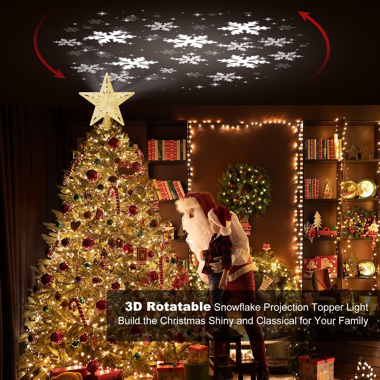 Étoile Sapin De Noël Lumineuse 3D Rotation - Projecteur Cimier Arbre De Noël Avec 6 Modes