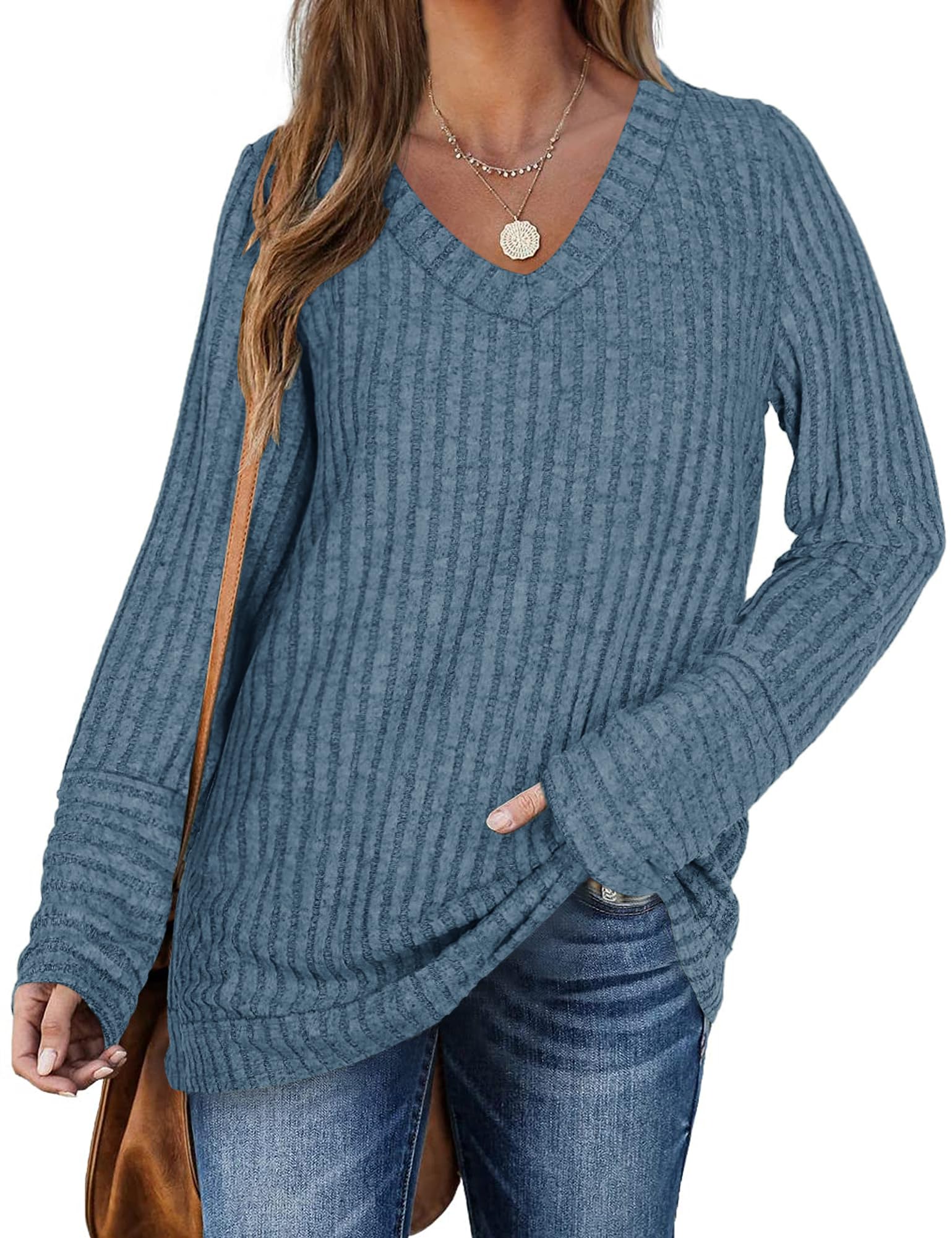DUOEASE Pull Femme Hiver Col en V Casual Sweatshirts Manches Longues Léger Top