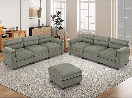 Miniatura 33 de Juego de sofá de pana, otomana tapizada, sofá de dos plazas y sofá de 3 plazas con cojines mullidos y brazos redondeados, juegos de muebles modernos