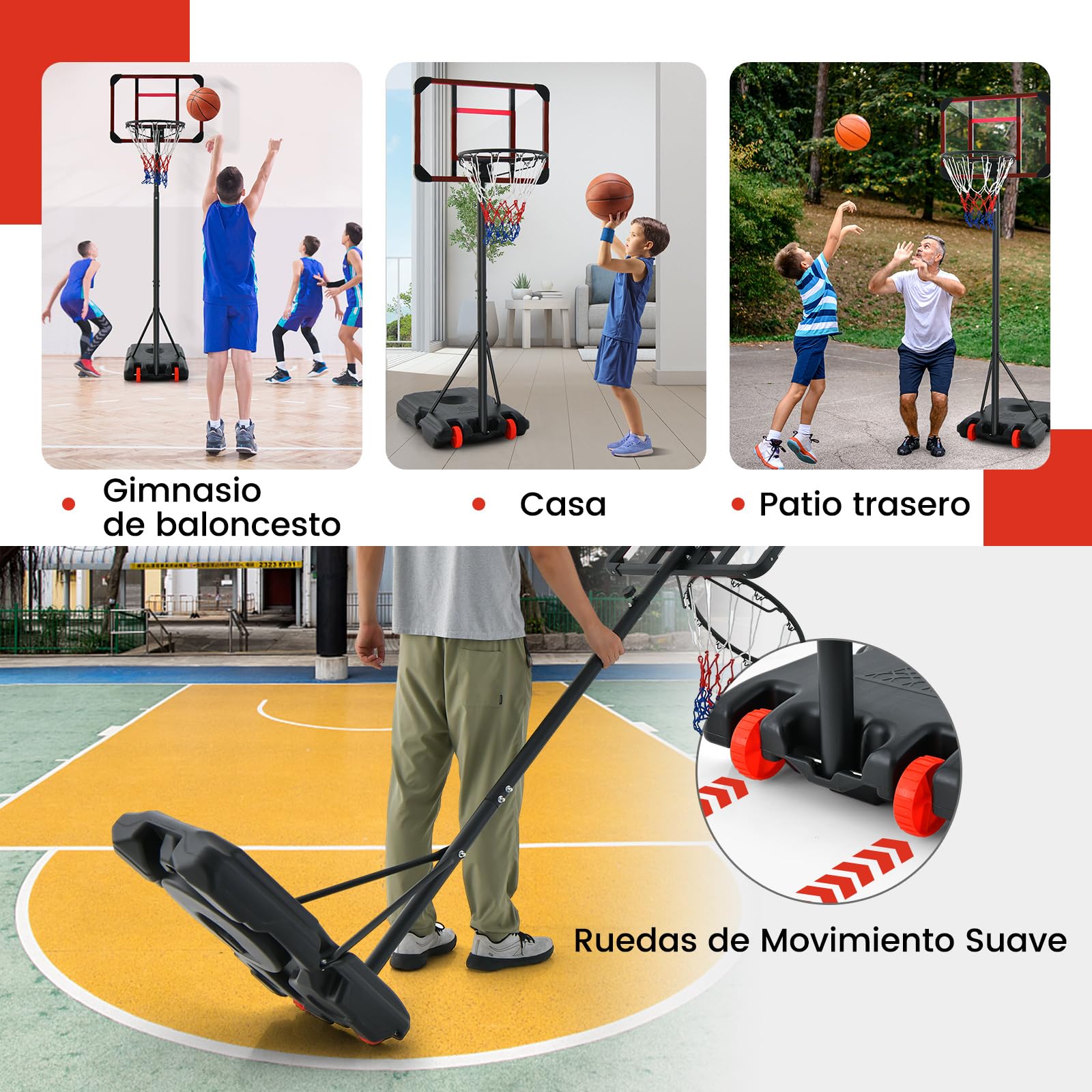 COSTWAY Canasta de Baloncesto Altura Ajustable 193-248 cm Rellenable de Arena y Agua Móvil con Ruedas Portátil PC Interior Exterior