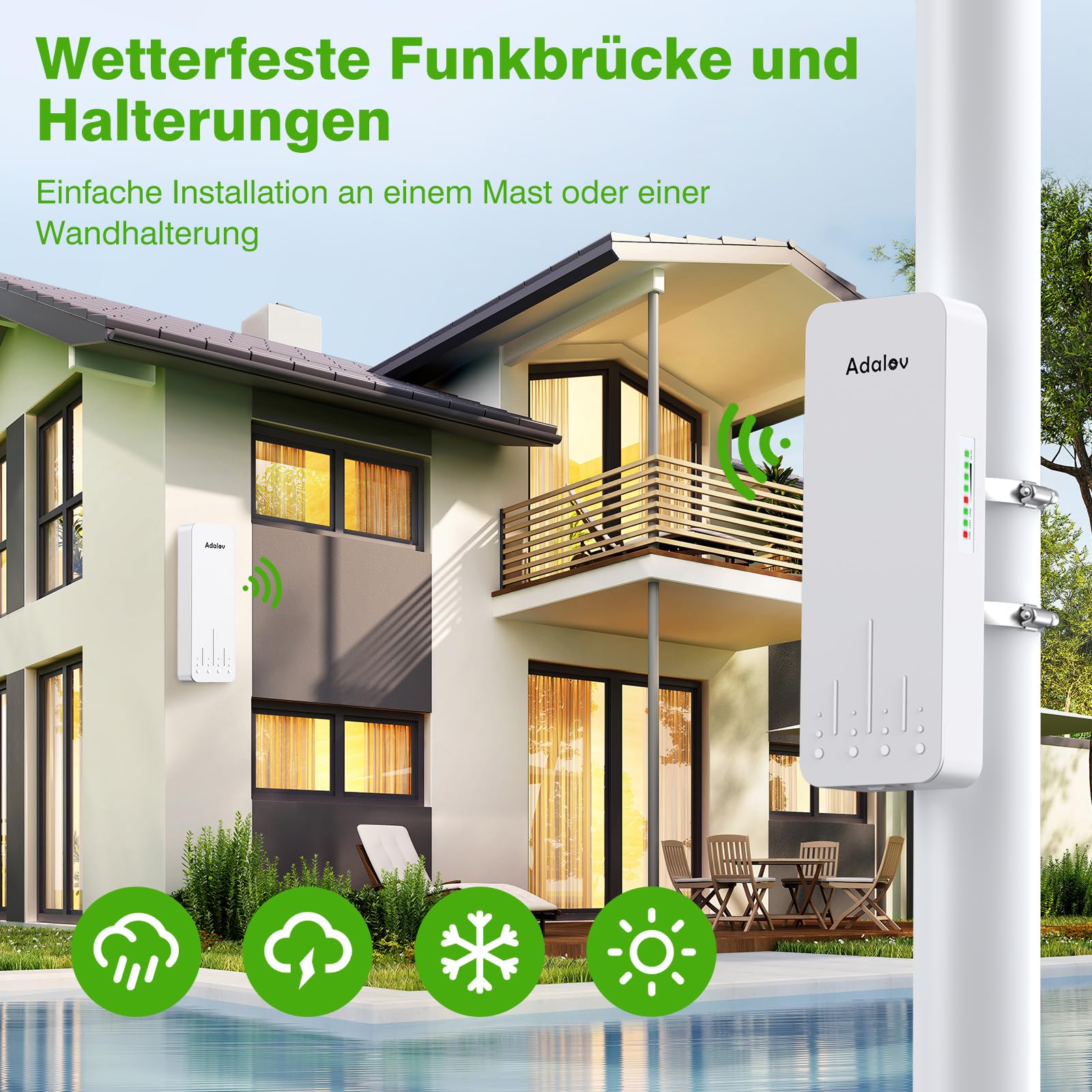 AdaLov WLAN-Bridge CPE660 5,8 GHz, Outdoor WiFi-Bridge mit Halterung, Punkt-zu-Punkt-Netzwerk bis 3 km für Kamera/Nebengebäude/Gartenhaus/Garage/Scheune, Plug & Play, IP65 Wetterfest, 12V DC/24V PoE