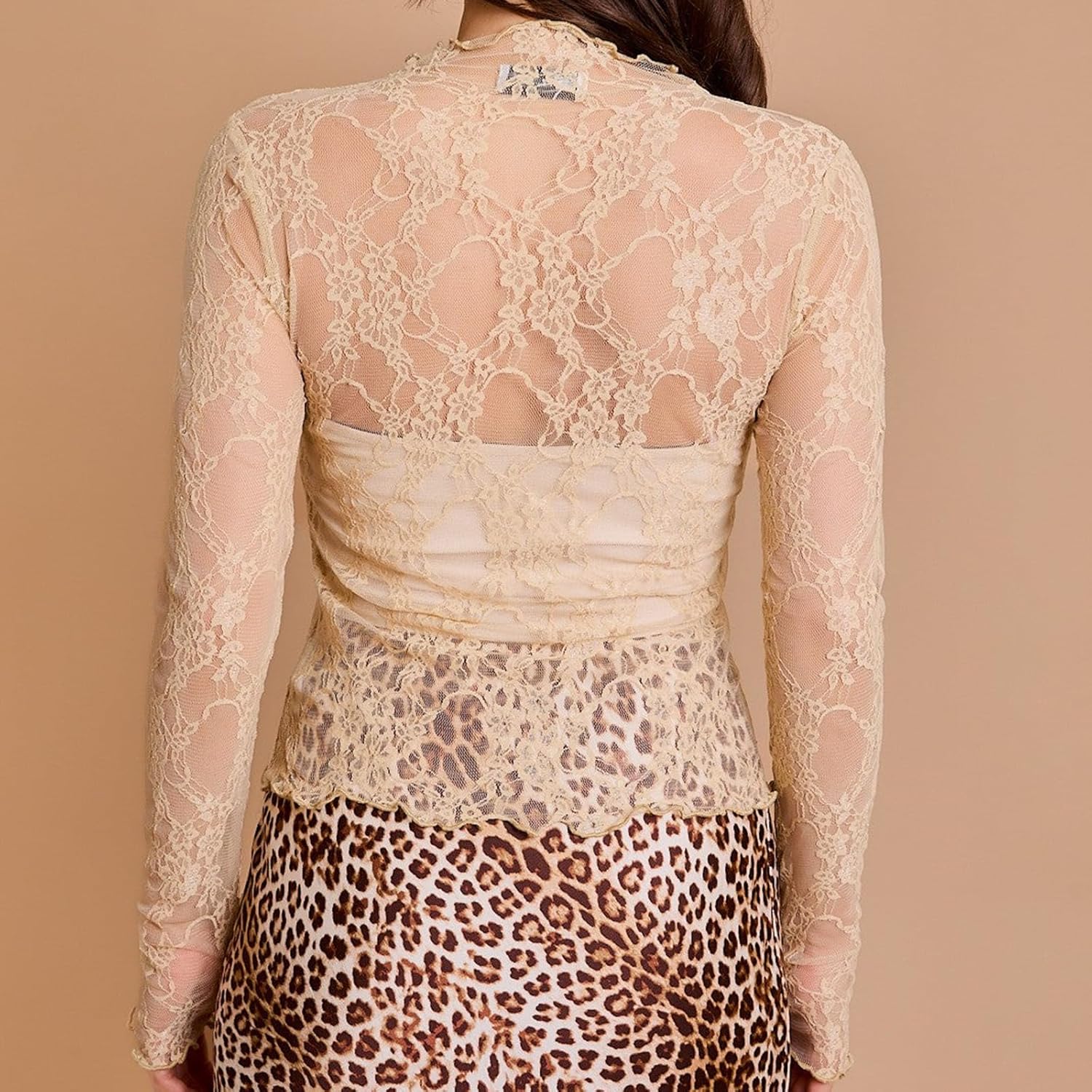 Sheer Mesh Long Sleeve Layering Top for Women Mock Neck Floral Lace Tshirt See Through Shirt Blouse Undershirt - Image 5