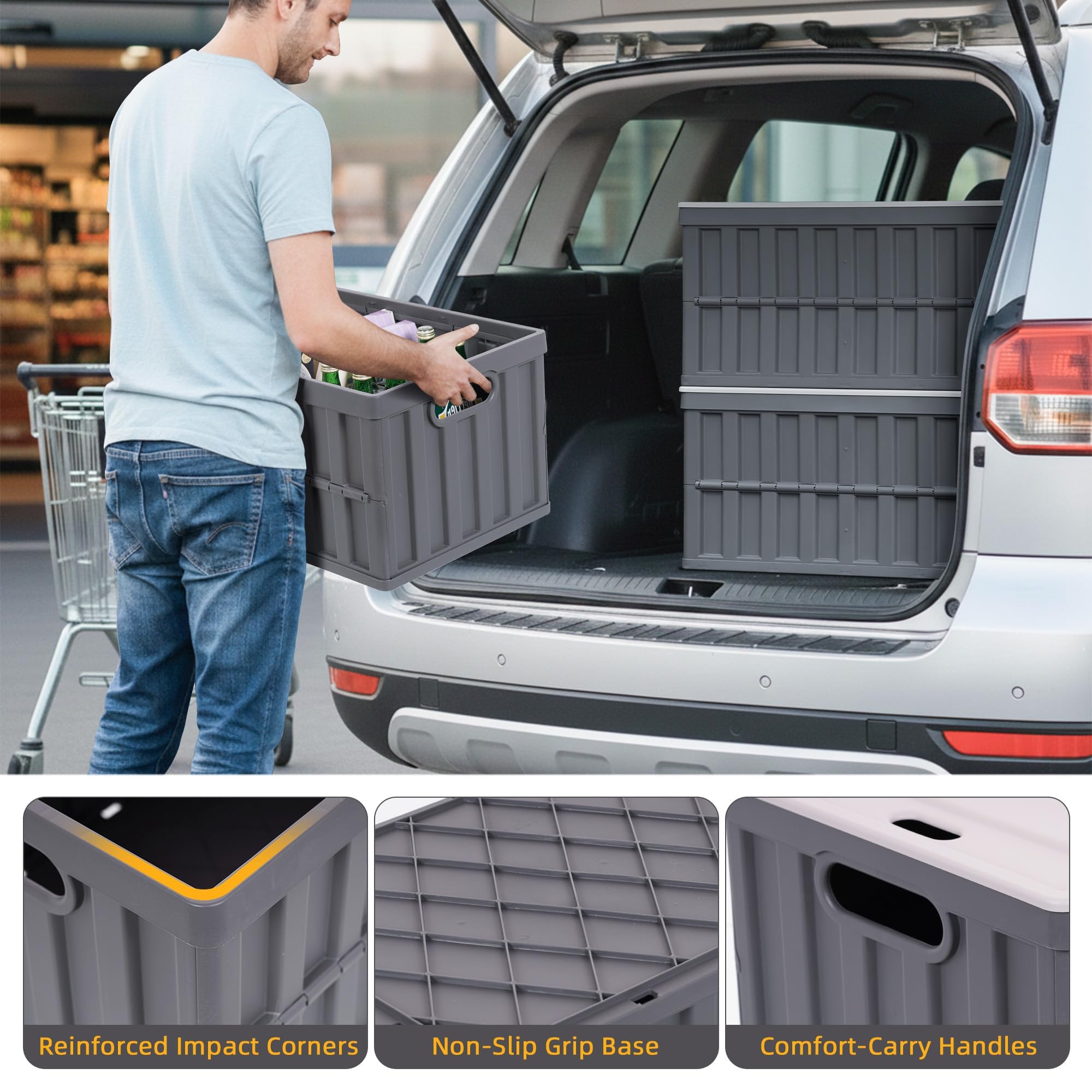 4er Set 64L klappbox Faltbar Stabil Plastik Faltbox, Campingbox Collapsible Transportbox für die Organisation große Heavy Outdoor, Bad, Küche, Büro, Wohnzimmer (Grau)