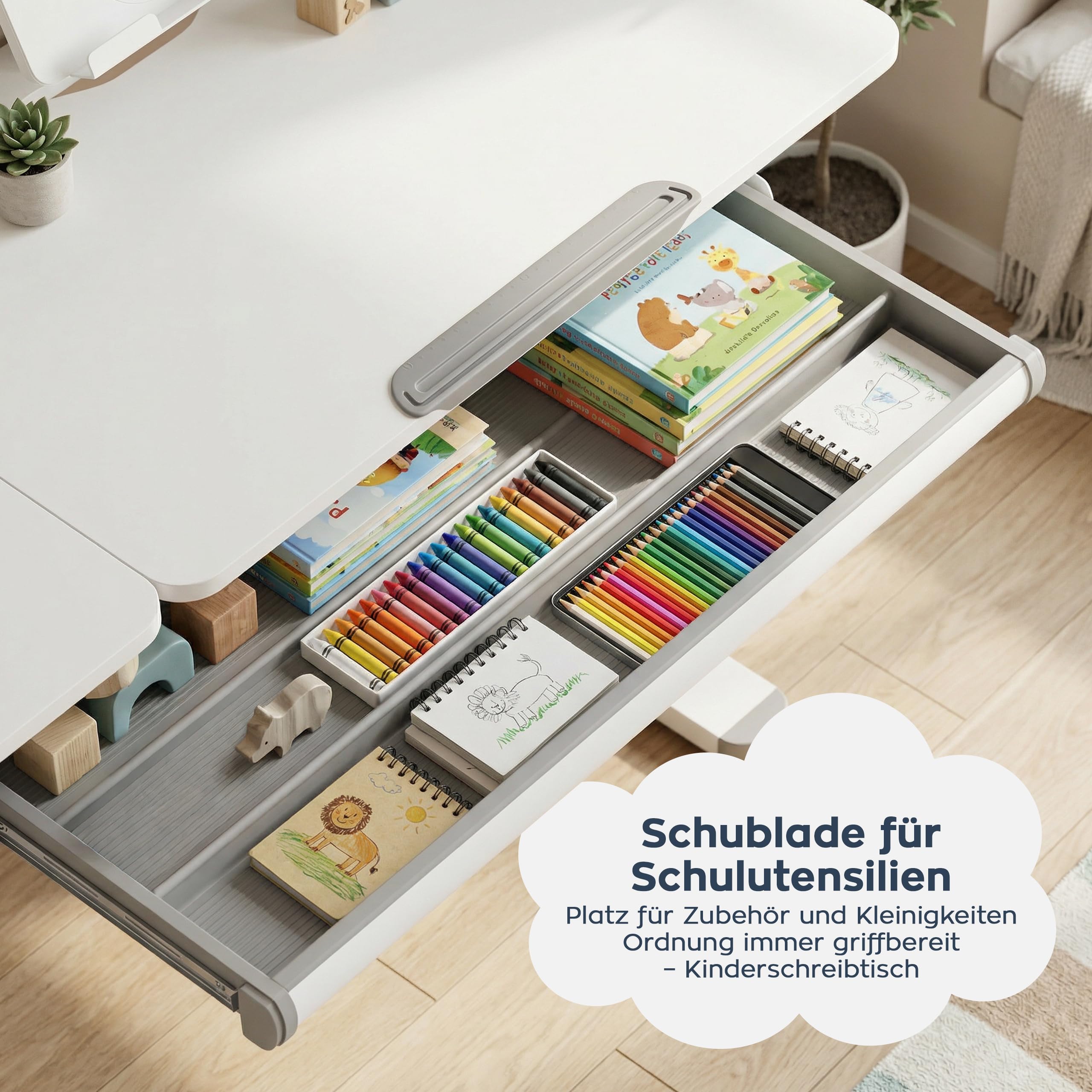 MARK ADLER Study 5.7 Kinderschreibtisch Höhenverstellbar – Schreibtisch Kinder – Lerntisch Kinder Ergonomisch – Neigbare Tischplatte – Mit Schublade Ablage und Buchstütze – Grau