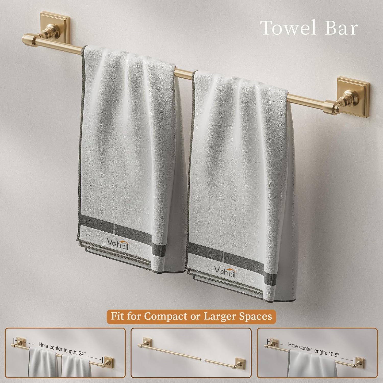 Champagne Gold Bathroom Towel Bar Set, 5 Piece Bathroom Hardware Accessory Set, SUS304 Stainless Steel 24" Towel Rack Holder Set for Bathroom, Wall Mounted