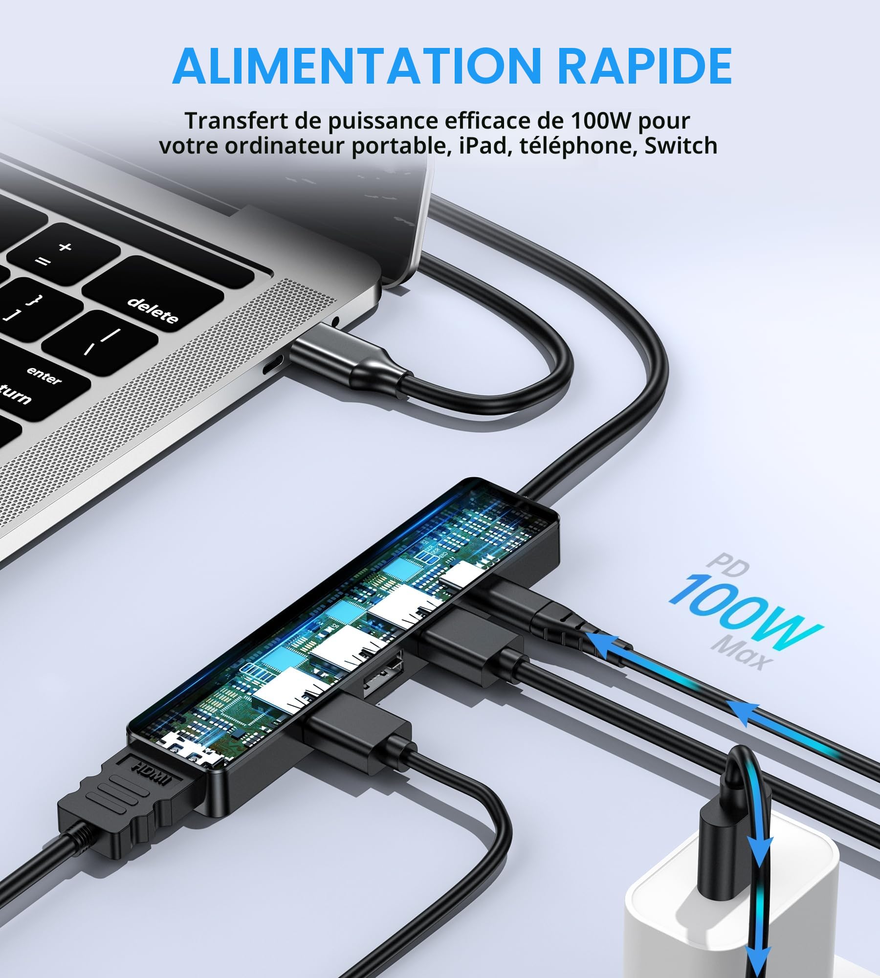 Hub USB C HDMI 4K PD 100W USB 3.0 5Gbps Multiport Adaptateur USB-C vers HDMI Station d'Accueil pour MacBook Pro/Air