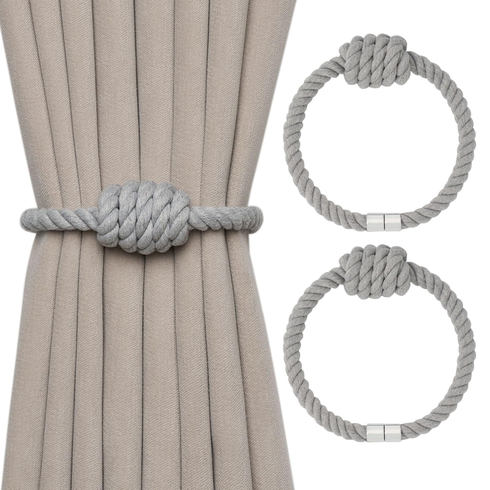 Pretty Jolly 2 Pack Natural Cotton Rope Magnetic Curtain Tiebacks Boho Style Drape Tie Backs Elegant Hand Weave Rope Knot Decorative Curtain Holdbacks for Home & Office Window Drapery (Light Grey)