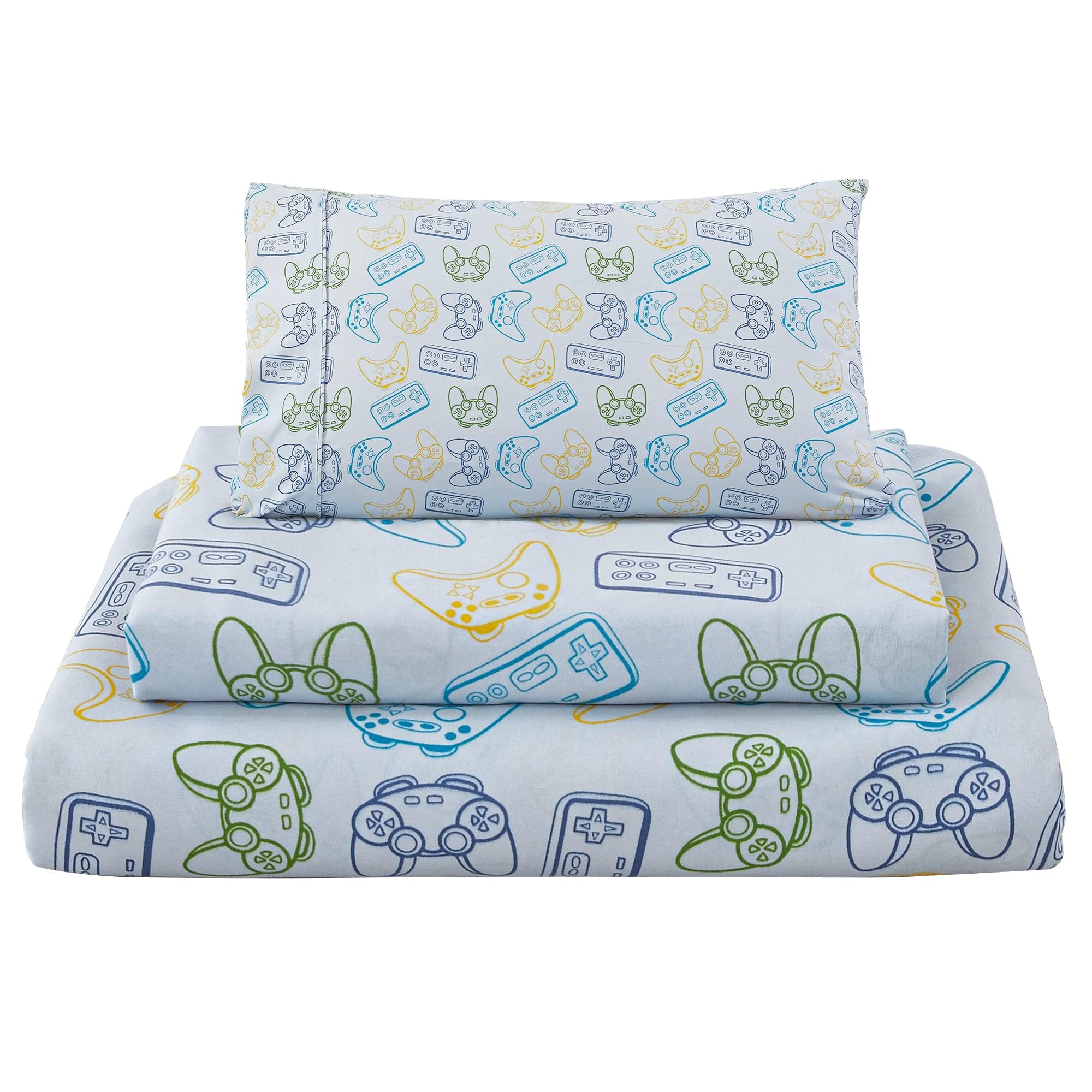 Viviland 4 Pieces Boys Grey Full Sheet Set - Soft Microfiber Fitted Flat Sheets &amp; Pillowcase - Game Player Paddle Printed Bedding Sets - for Kids &amp; Toddlers