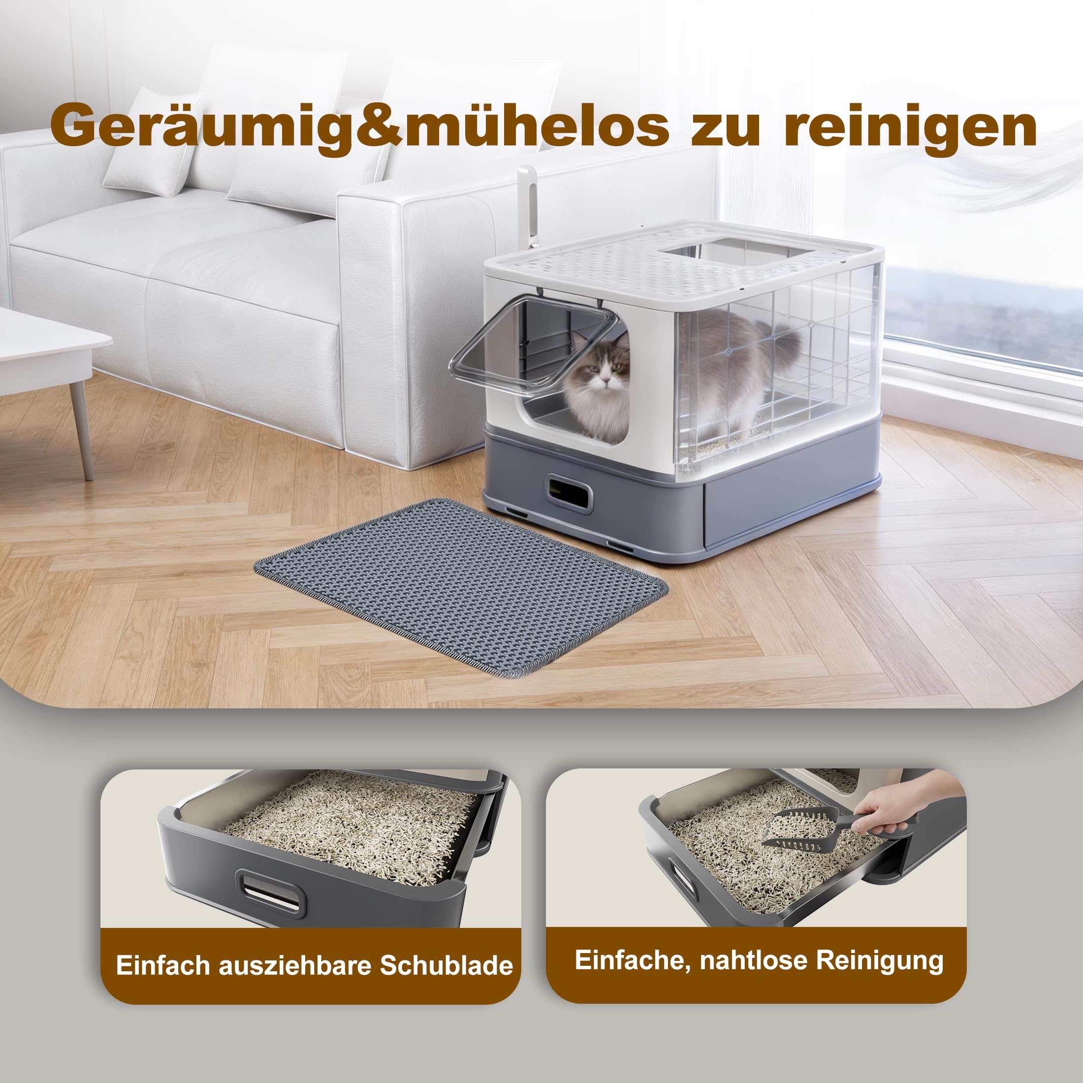 Pakeway Katzenklo aus Edelstahl Geschlossen mit 2 Einstiegsmöglichkeiten XXL Große Hygienische Katzentoilette Geruchsneutral Inklusive Schaufel und Matte Für Alle Rassen Platzsparend Faltbar auf 15 cm