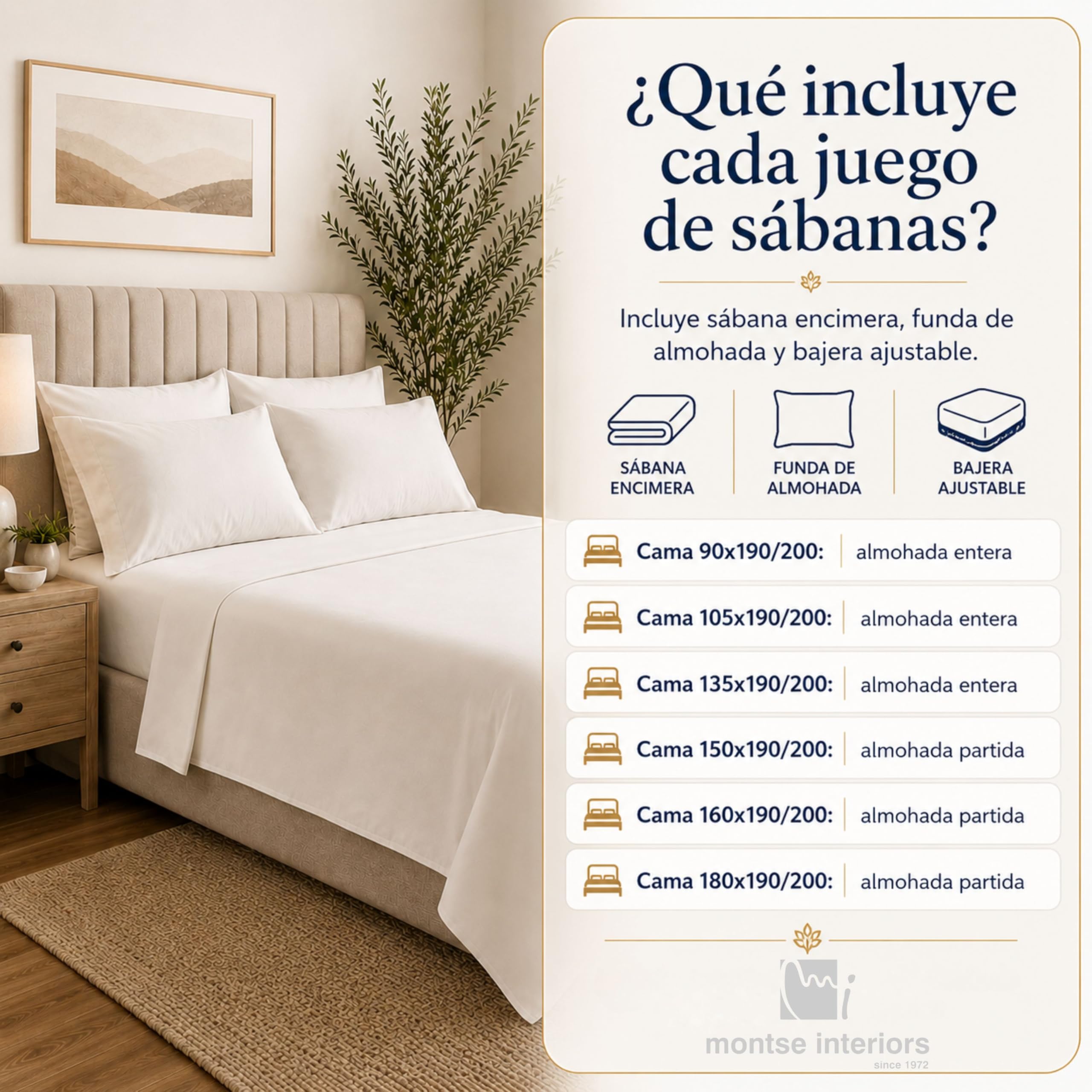 Montse Interiors Juego de Sábanas Cama 150 100% Algodón, 4 Piezas con Sábana Encimera, Bajera Ajustable y 2 Fundas de Almohadas, Suave, Transpirable y Cómodo para el Descanso Diario | Cama 150x190/200