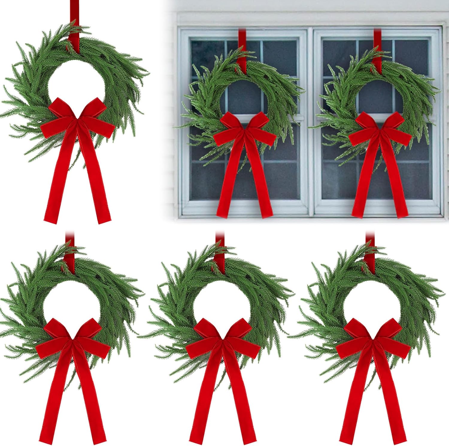 Janinka 6 Pcs Christmas Wreath for Windows 11.8 Inch Christmas Window Decorations Cabinet Wreaths with Red Bow Greenery Artificial Hanging Garlands for Fireplaces Window Home (Norfolk) Norfolk 6