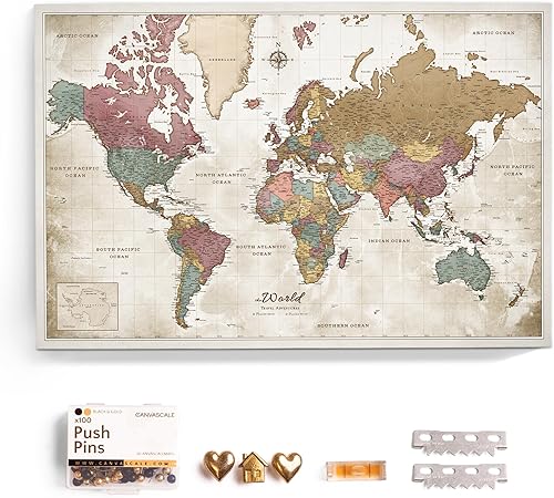 Mapa del mundo en lienzo con tablero de corcho - Letras inglesas - Decoración decorativa de pared para todas las habitaciones - Cuadros en lienzo