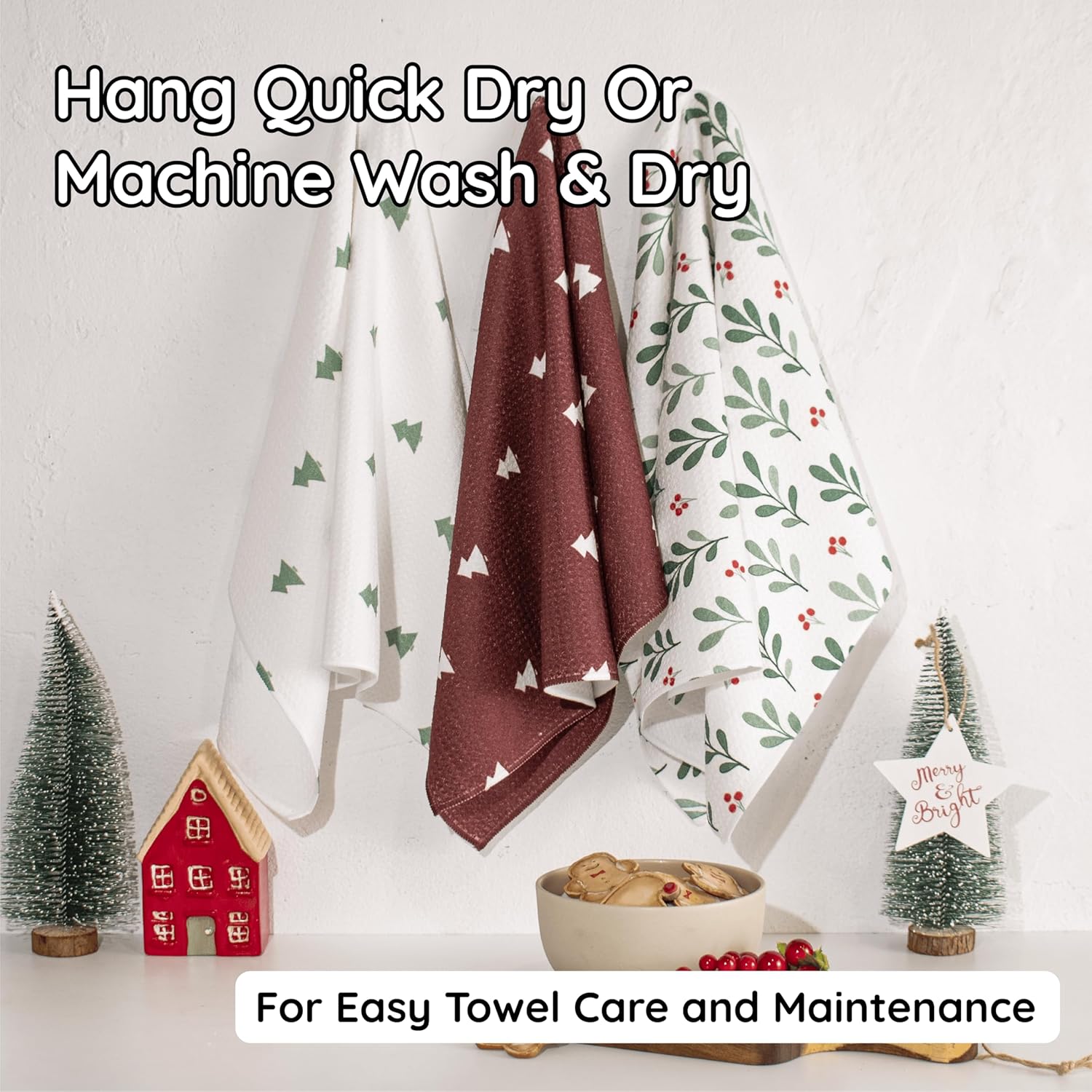 Christmas Kitchen Towels Set of 3 Mistletowed – Microfiber Waffle Weave Dish Towels 16x24, Super Absorbent & Lint-Free Holiday Kitchen Towels for Drying, Cleaning & Christmas Décor