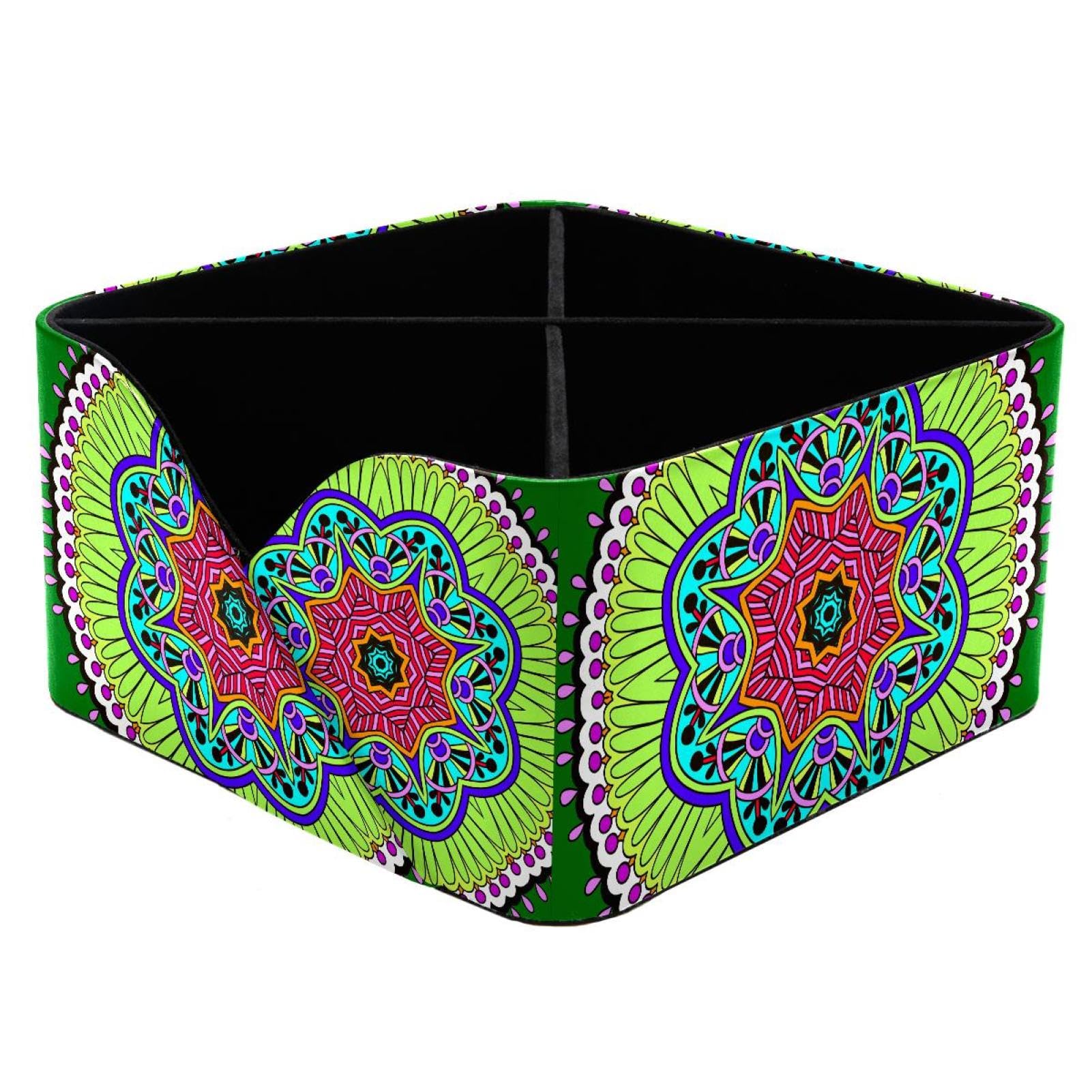 KengjuTesu Vintage Tribal Mandala Flower Circle Green Pattern Desktop Organizer Pen Holder, Rectangular Pencil Cup for Office, Study and Makeup Stations