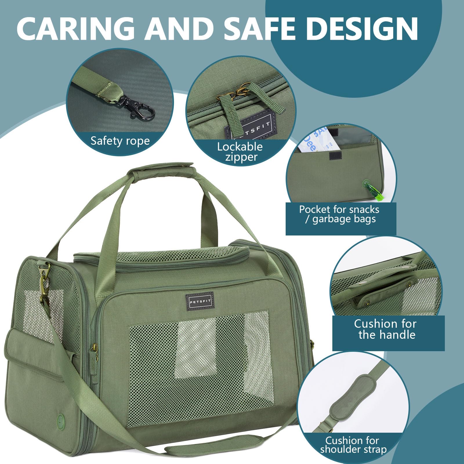 Petsfit Transportín Perro Gato Plegable Transportin Gato Mochila Mediano Grande Bolso Perro Pequeño Transpirable con Tirantes Ajustables y Acolchado Suave Coche y Tren, L/Verde
