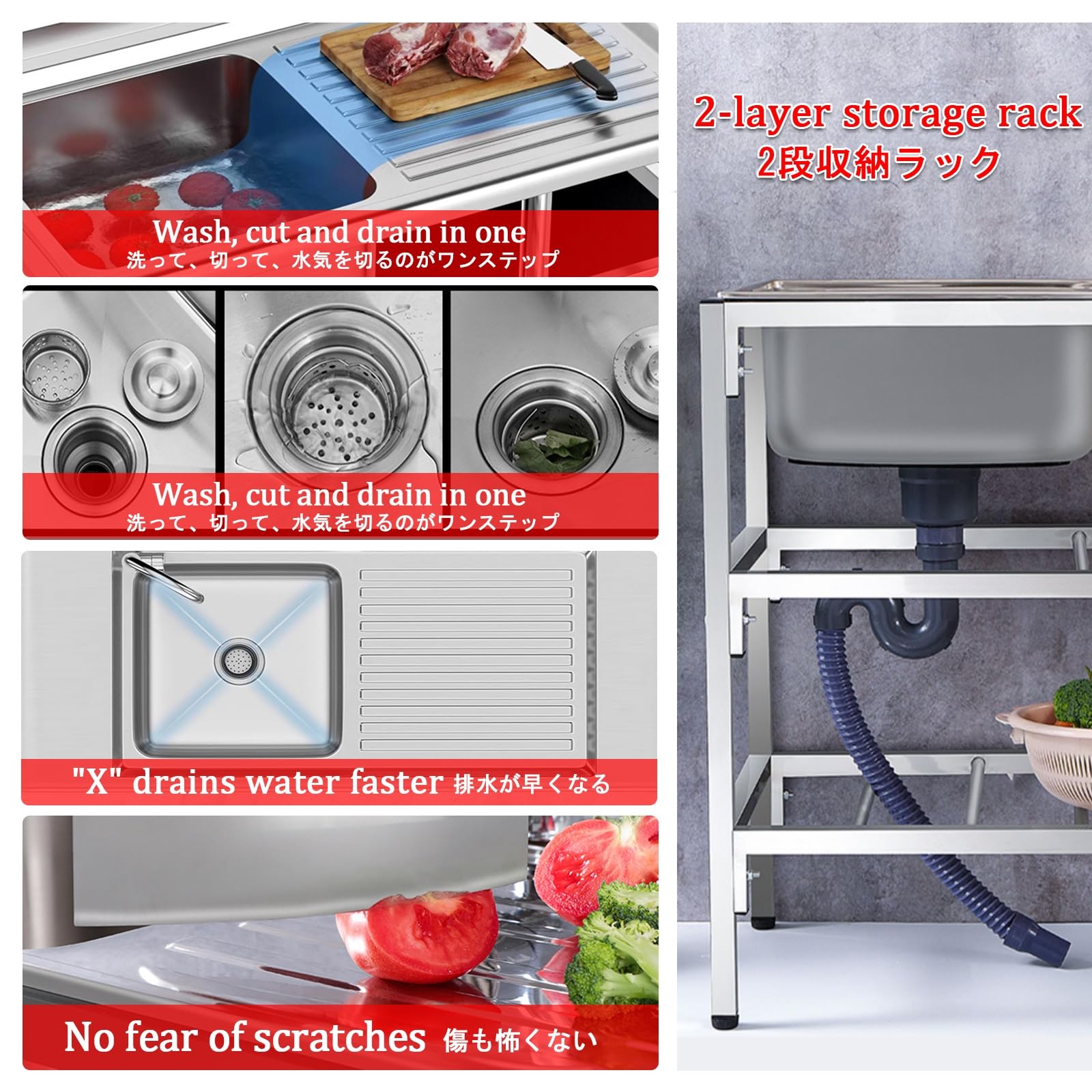 Évier de Jardin Extérieur Professionnel avec Chaud/froid Robinet et Support,Évier de Cuisine en Acier Inoxydable Sur Pied Avec Établi, Evier INOX 1 Bac avec Egouttoir,pour cuisines,Jardin