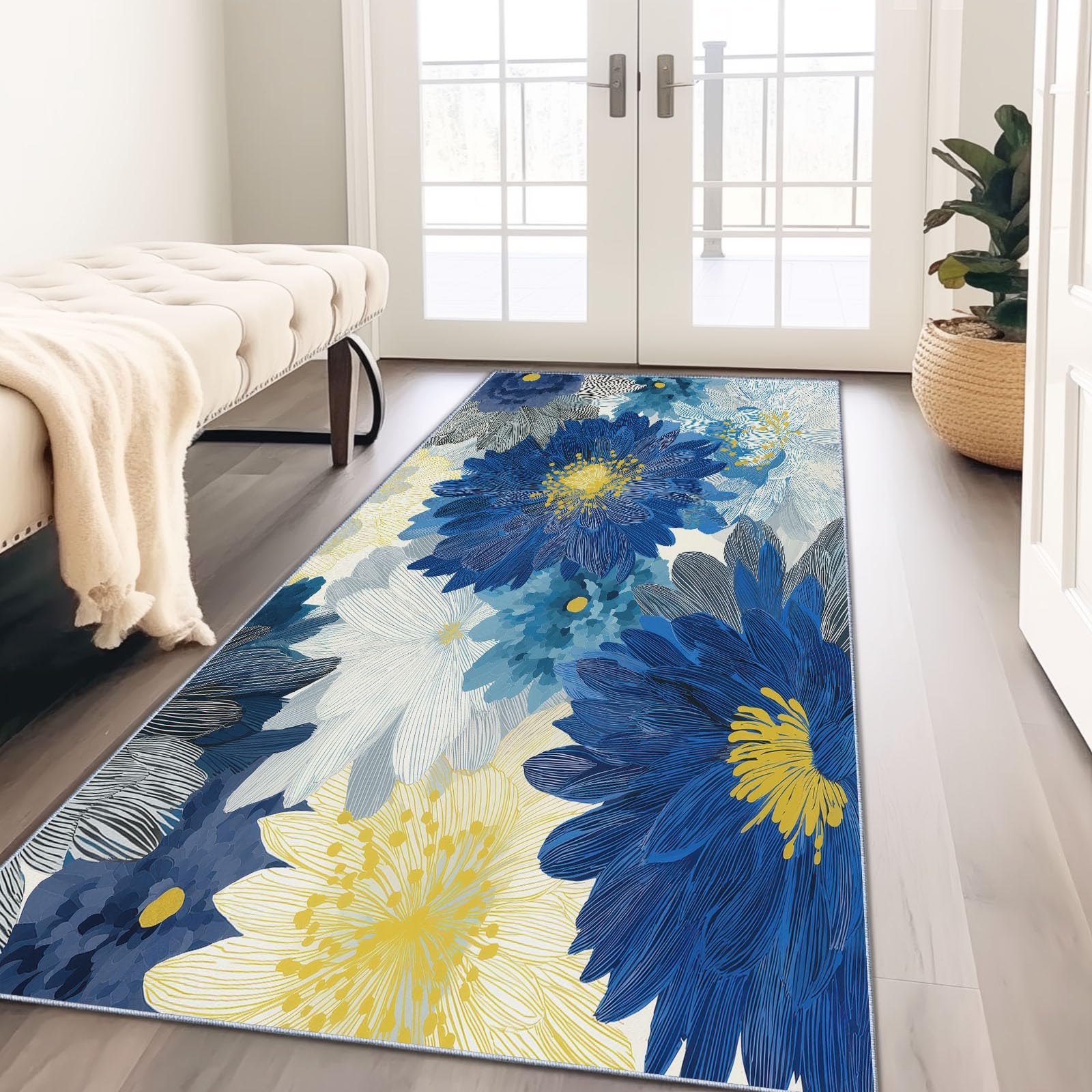 Tapis de couloir moderne scandinave 60x120 cm bleu et blanc lavable