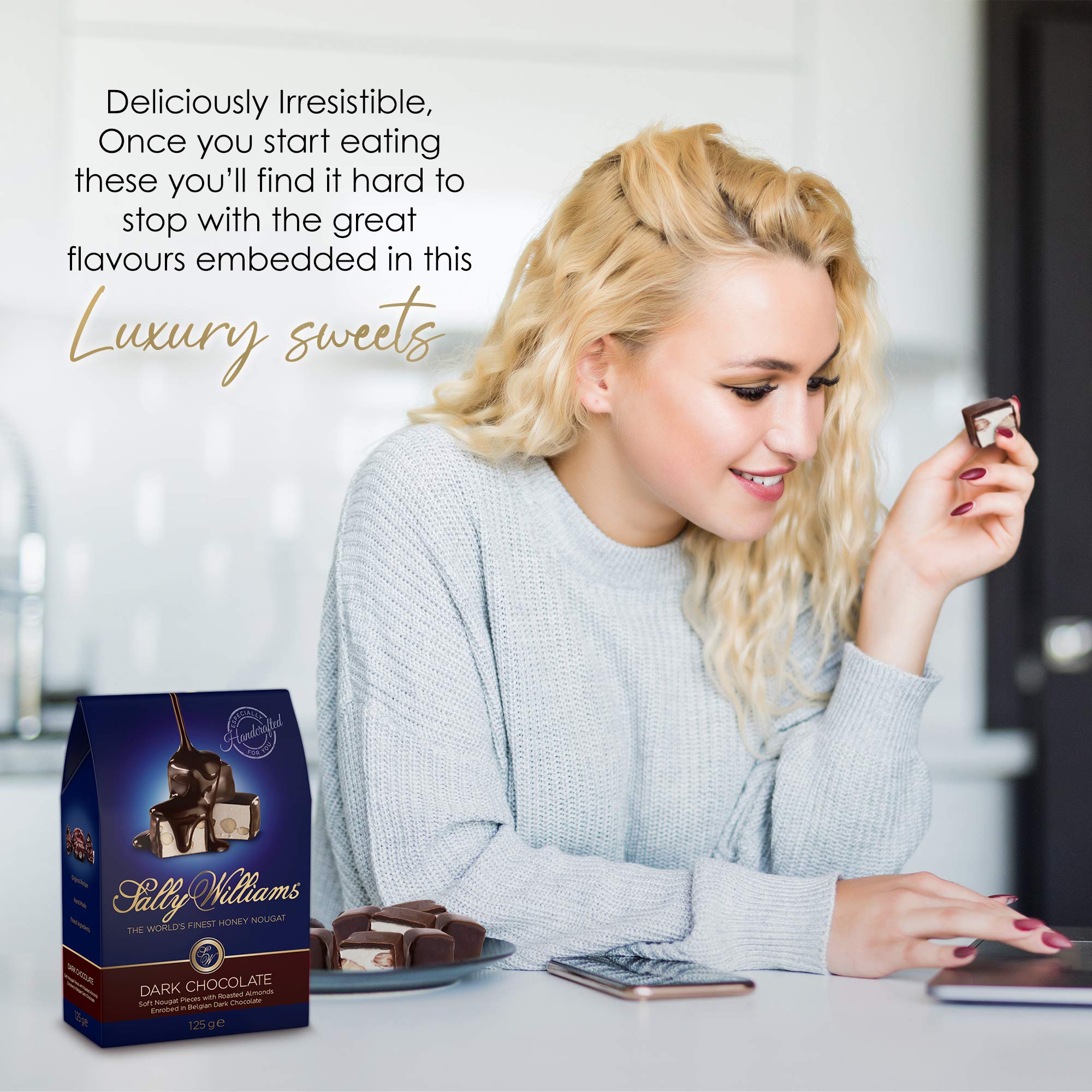 Sally Williams, Coffret cadeau nougat au miel doux de qualité supérieure - Nougats faits main avec amandes et chocolat noir - 125 g - Lot de 10