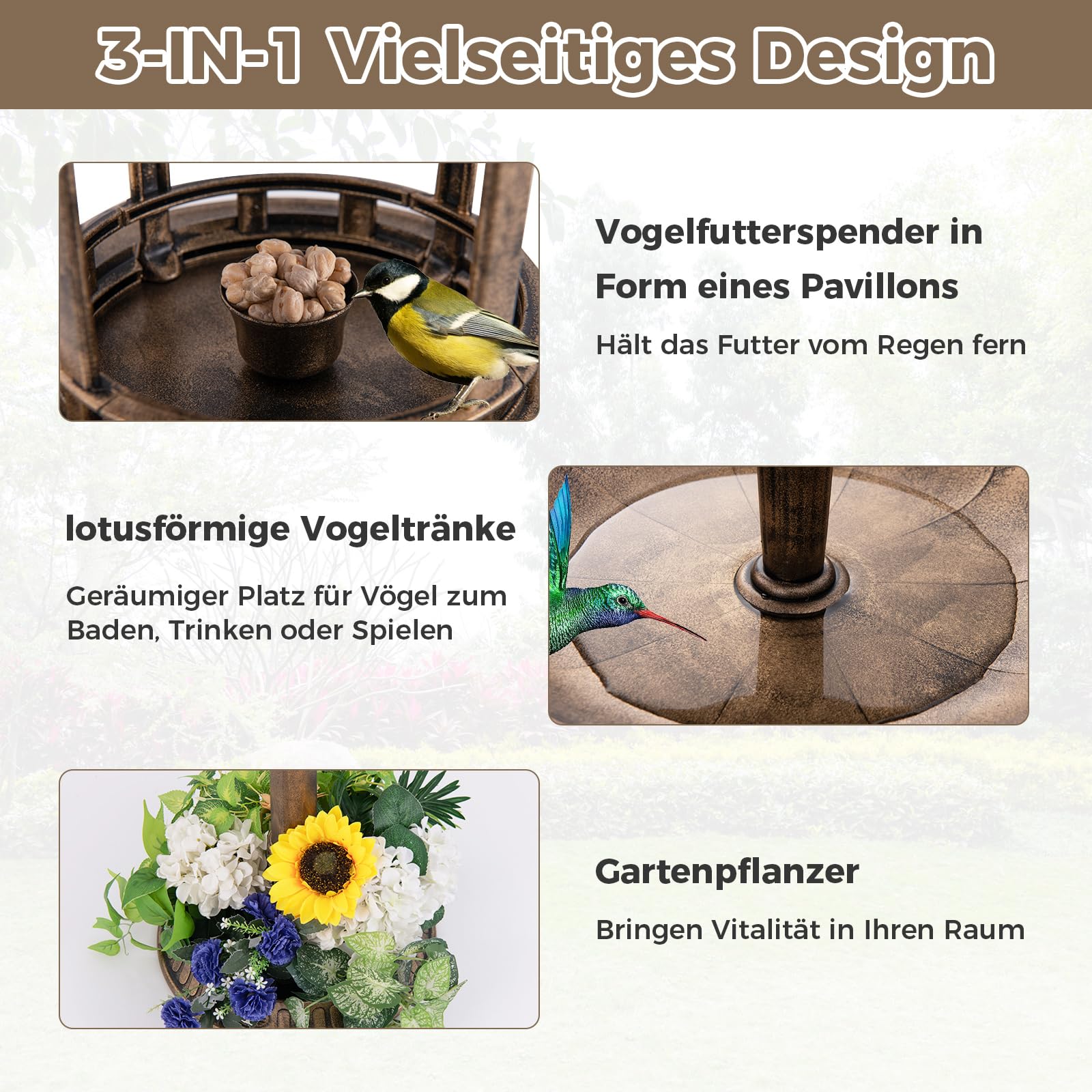 GYMAX Vogeltränke stehend mit Solarleuchte, Vogelbad Garten mit Blumenkübel & befüllbarem Ständer, Wasserschale Vögel, Futterstation für Balkon & Garten, Nr. 1 Antikbronze