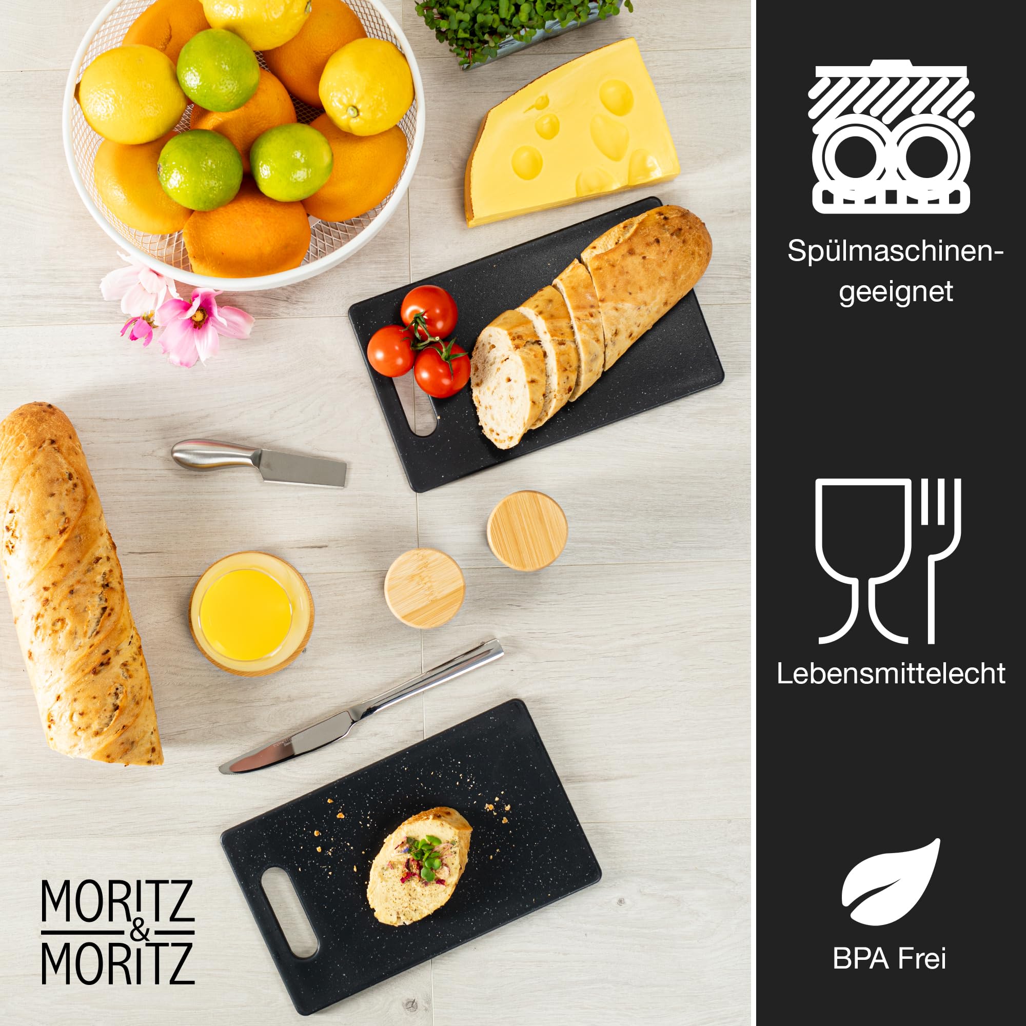 Moritz & Moritz Juego de 4 tablas de cortar de plástico en aspecto de granito, 25 x 15 cm, tablas de cortar sin BPA, tabla de desayuno, juego higiénico y apto para lavavajillas