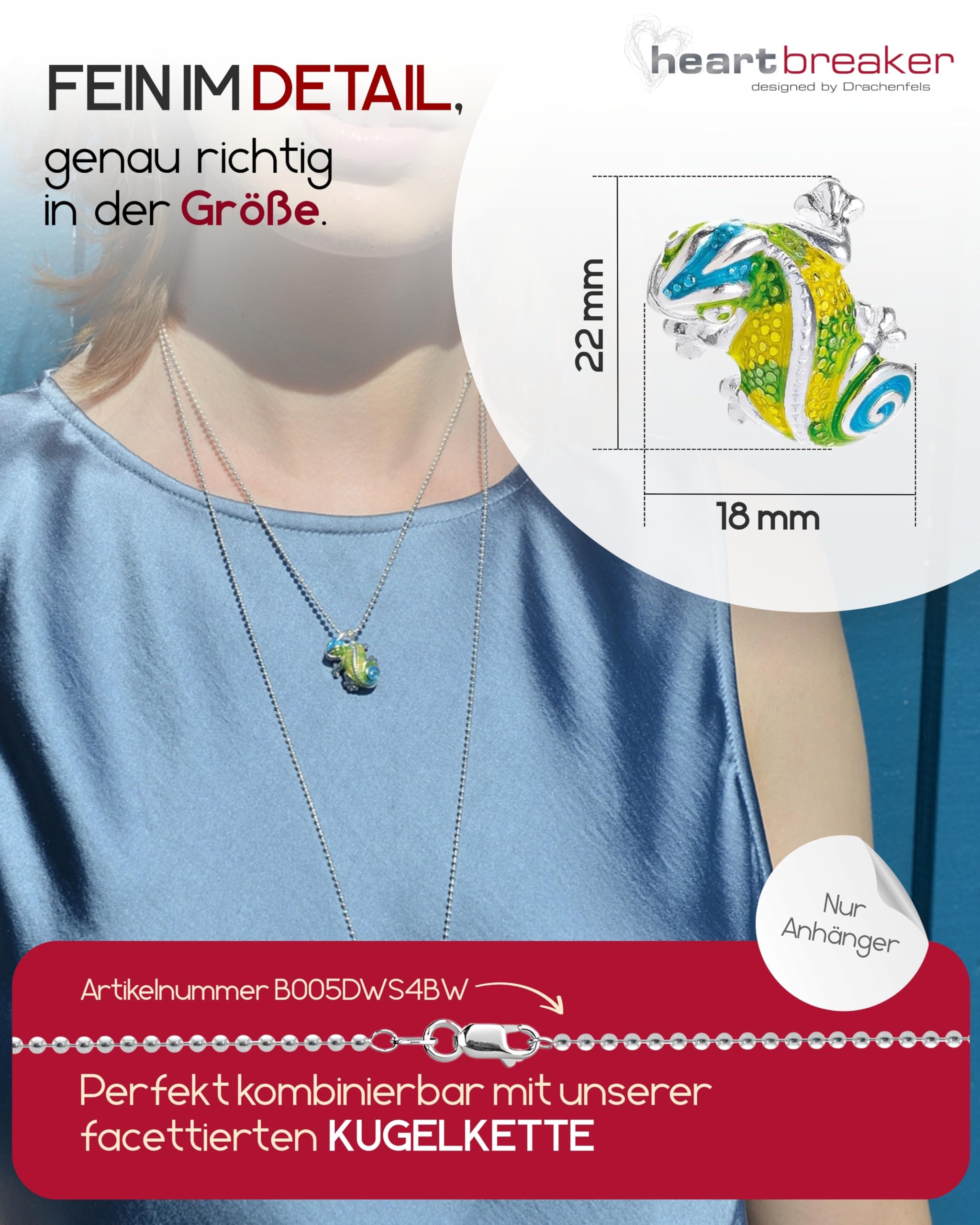 Heartbreaker Chamäleon Anhänger I Edler Kettenanhänger aus 925 Sterling Silber I Nickelfreier Silber-Anhänger mit Brandlack veredelt I In Goldschmiedequalität gefertigt I LD CH 31