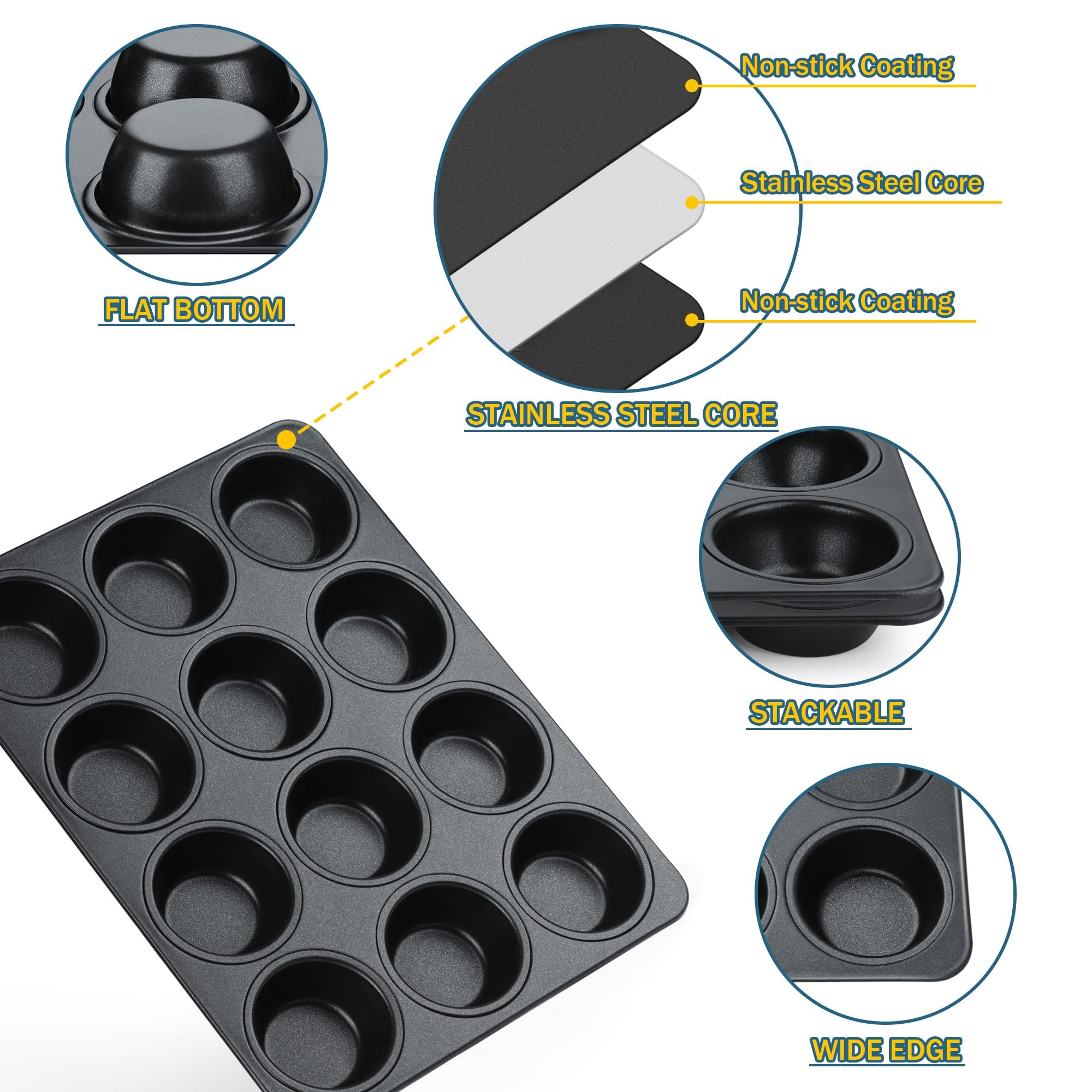 E-far Moldes antiadherentes para magdalenas, 12 tazas, bandeja para magdalenas de acero inoxidable, bandeja para magdalenas para hornear, núcleo de acero inoxidable y no tóxico, fácil de liberar y