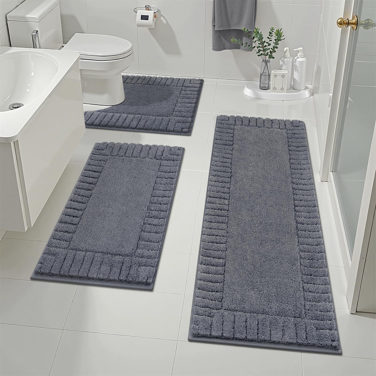 Pauwer Bathroom Rugs Sets 3 Piece Bathroom Shower Rugs with U-Shaped Contour Toilet Mat Absorbent Microfiber Plush Bath