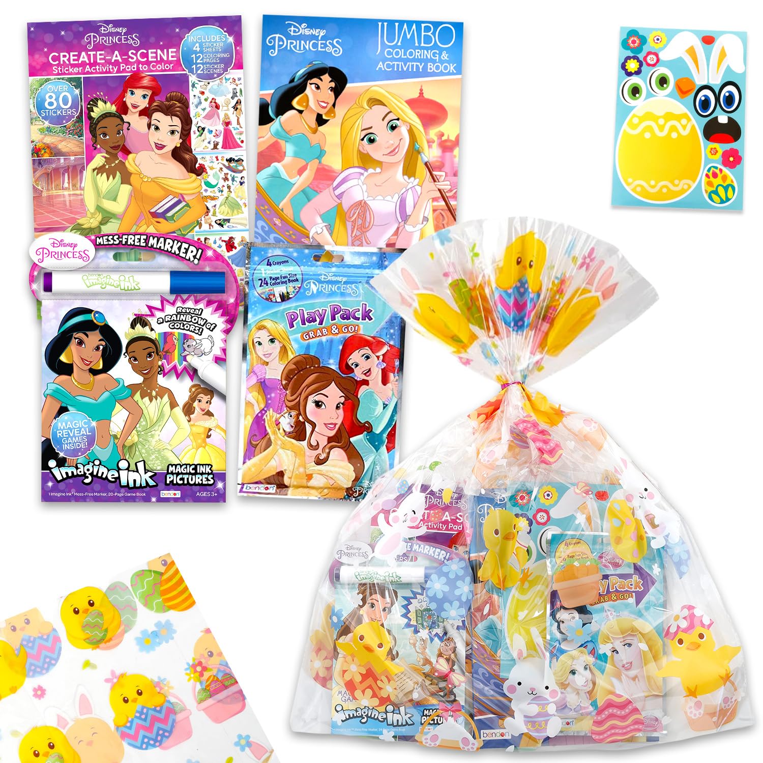 Disney Princess Easter Gift Bag Coloring Set - Bundle with 4 Coloring Activity Books, Easter Egg Print Cellophane Bag, Twist Tie, Stickers | Disney Princess Easter Gift Basket Stuffers