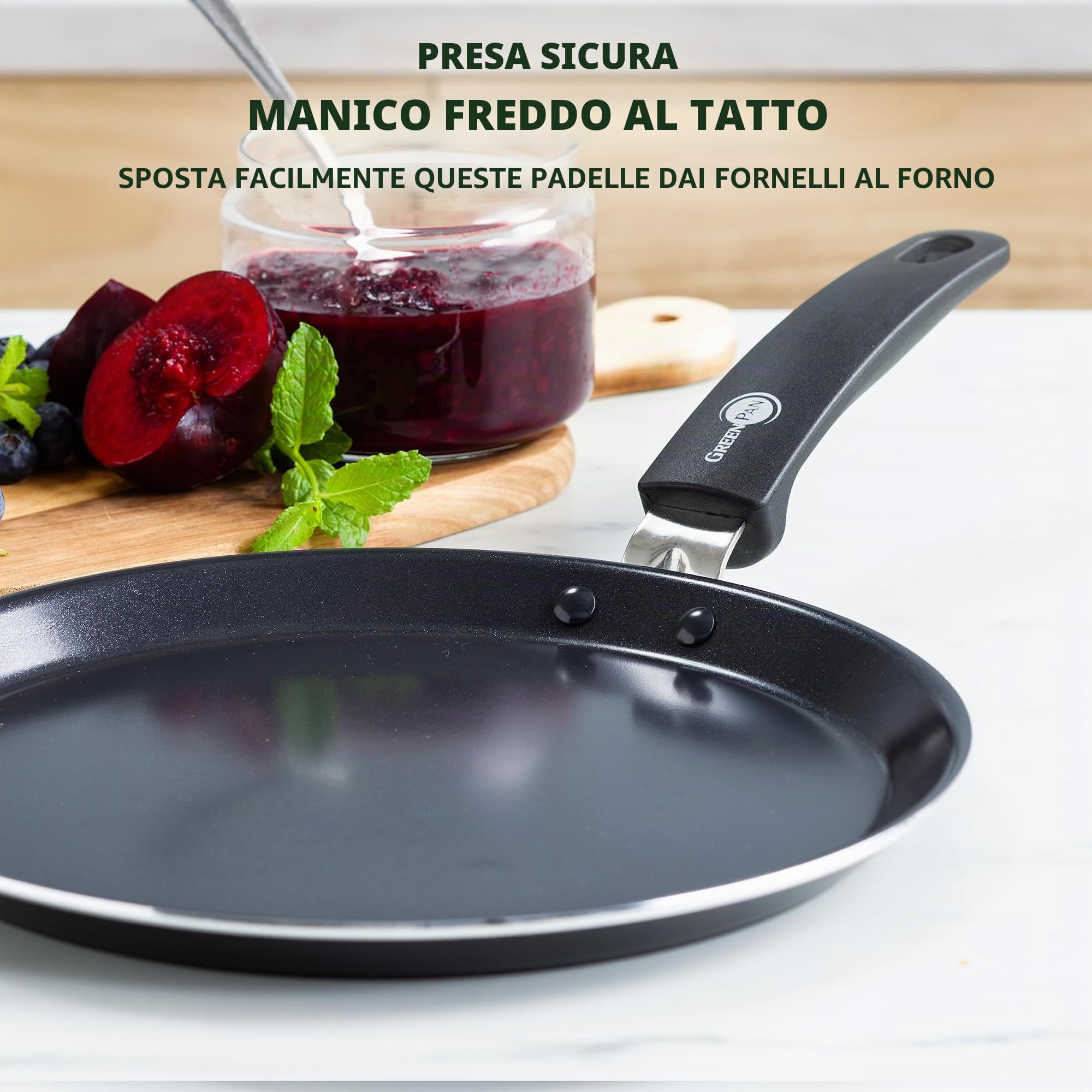 GreenPan Essentials Padella per Crêpes e Pancake in Ceramica Sana e Antiaderente da 28 cm, Senza PFAS, Induzione, Sicuro al Forno e al Griglia fino a 160°C, Lavabile in Lavastoviglie, Nero